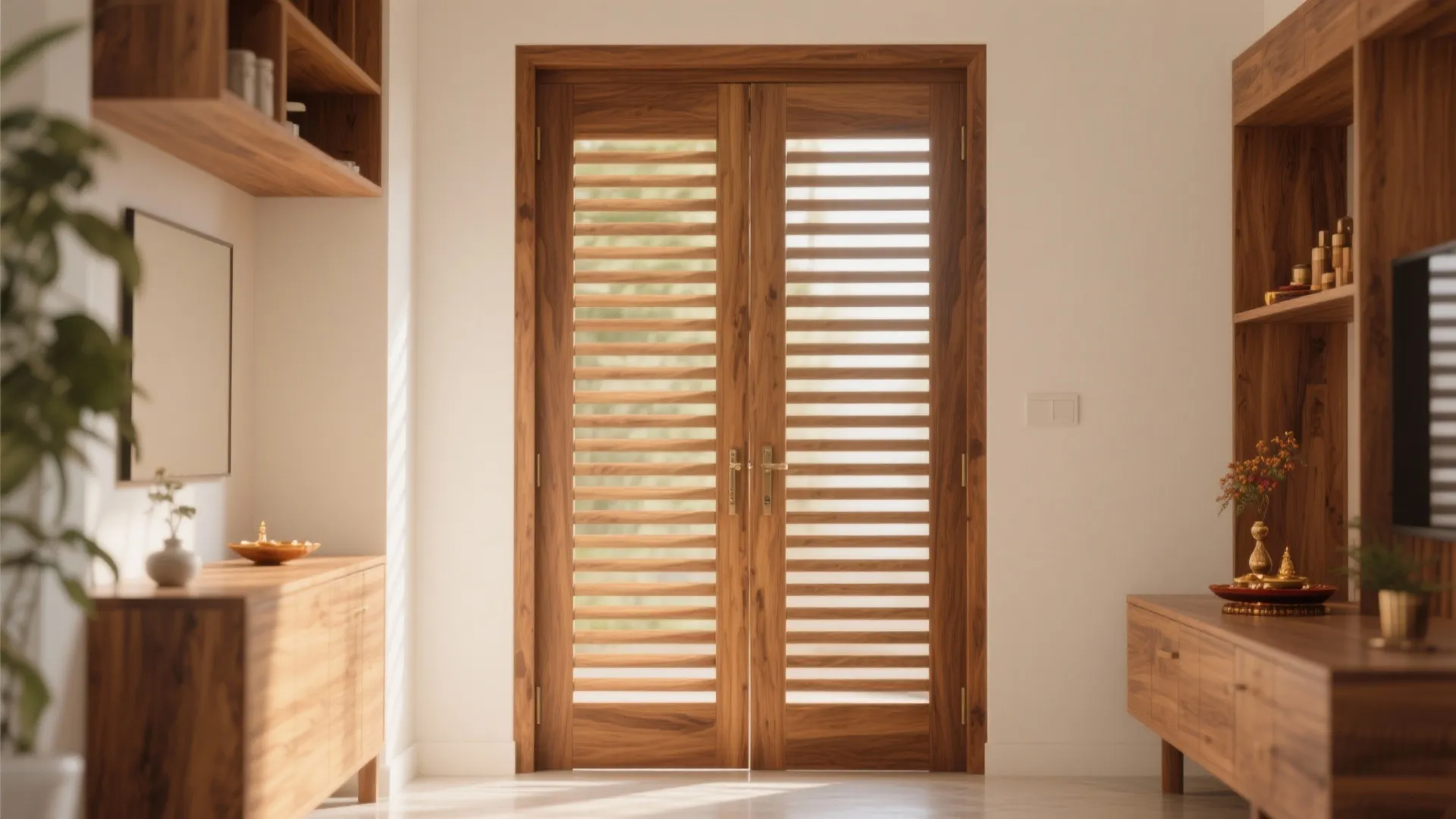 Wooden double door with horizontal slats in a bright room with a cabinet and plant