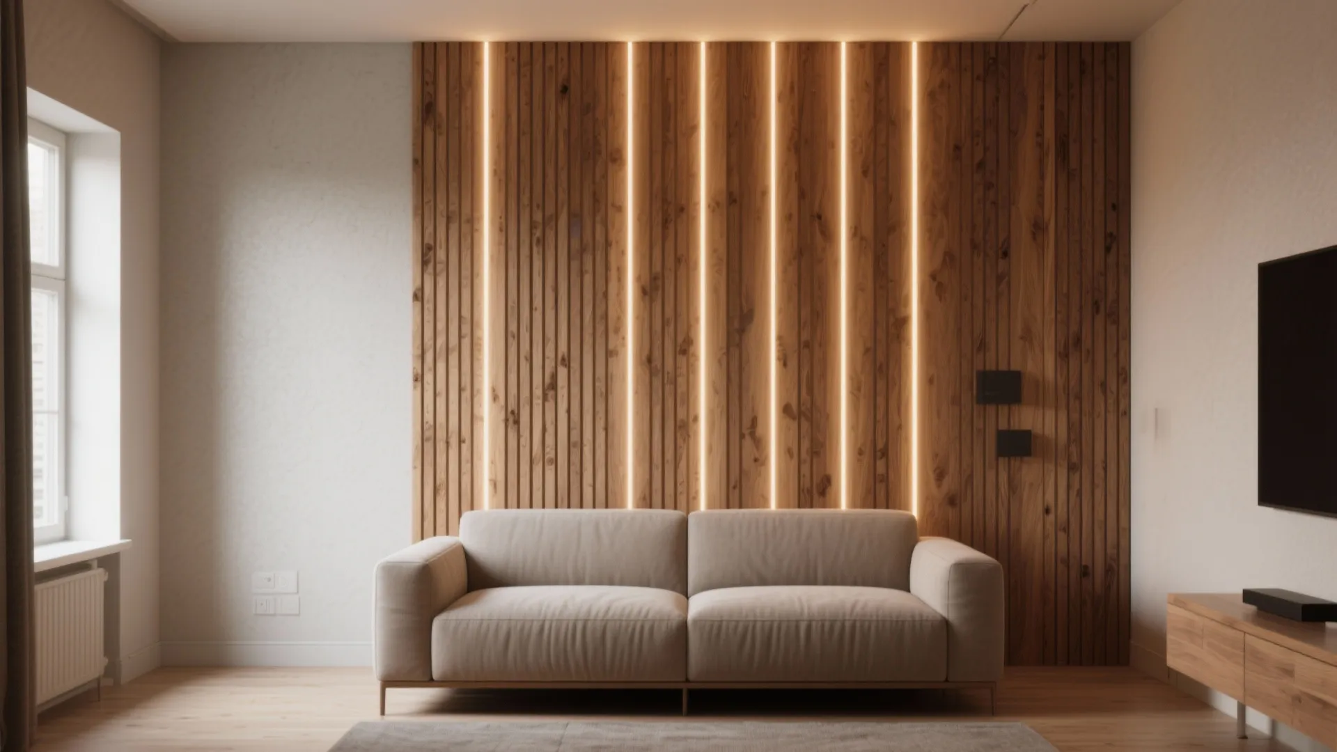Vertical slatted timber wall panel with concealed LED lines behind a sofa, creating height and ambient glow.