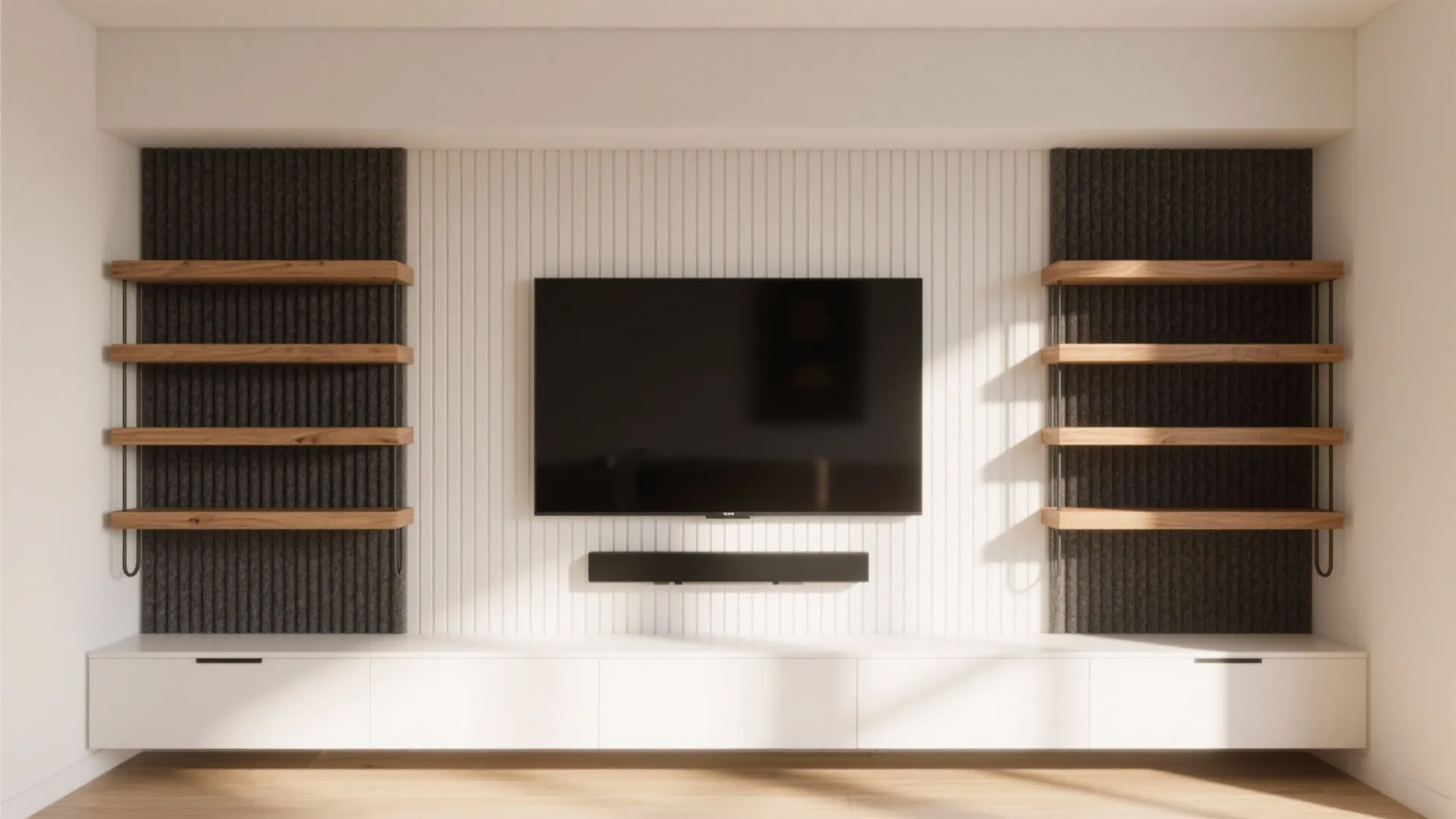 Modern living room with wall mounted television over white cabinet and wooden shelves on background