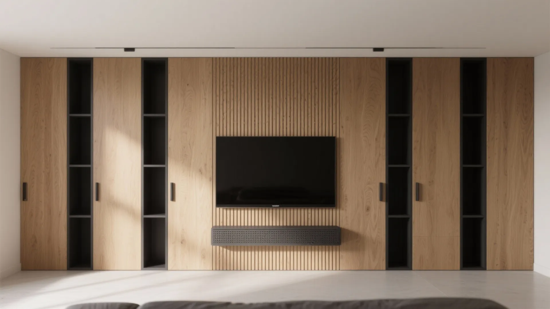 Slatted Wood TV Wall + Hidden Storage