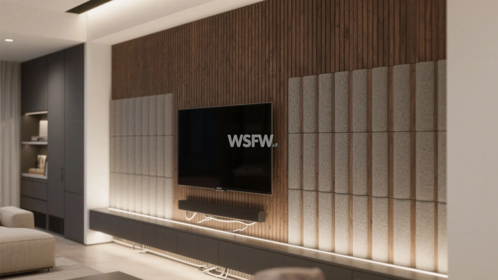 Modern living room with a television mounted on a dark wood slatted wall with lighting