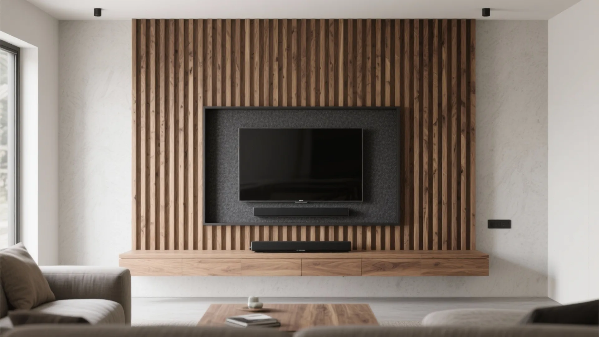 Slatted Wood TV Wall with Acoustic Perks