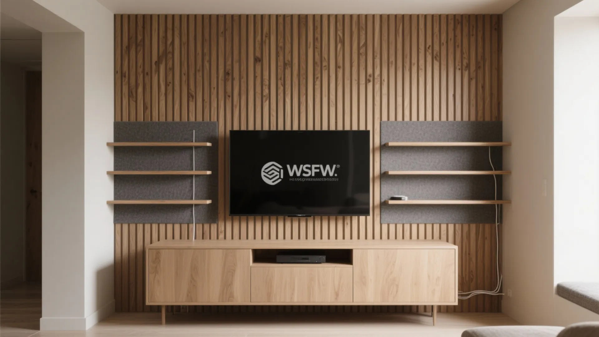 Modern wood wall panel design with television and cabinet in a bright minimalist living room