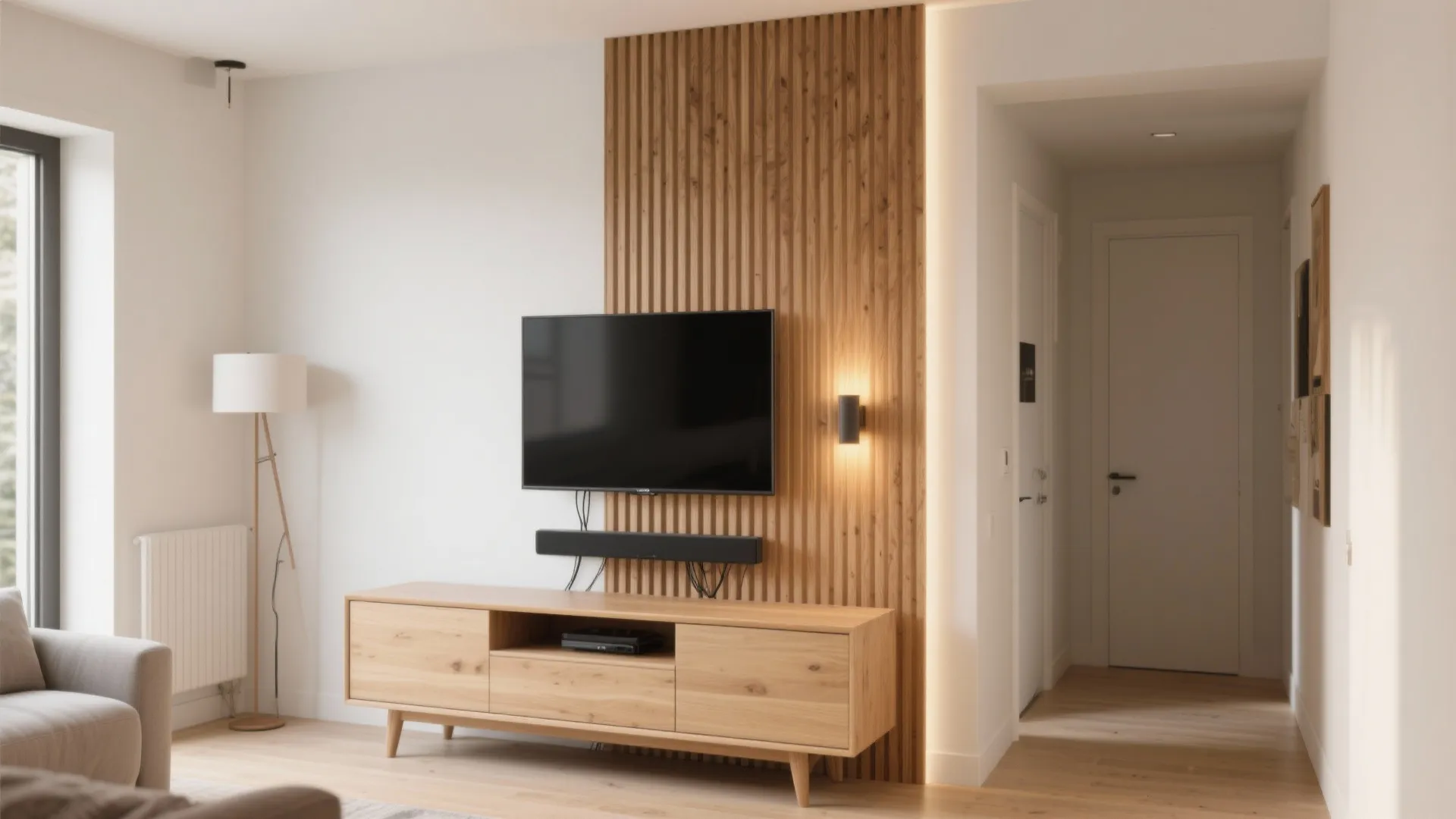 Low-Slung Console With Vertical Slatted Panels