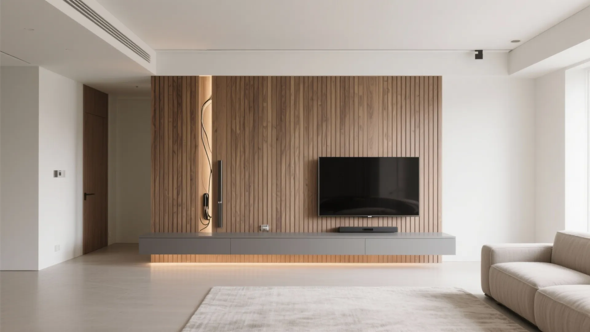 Minimal Slatted Wall with Floating Console