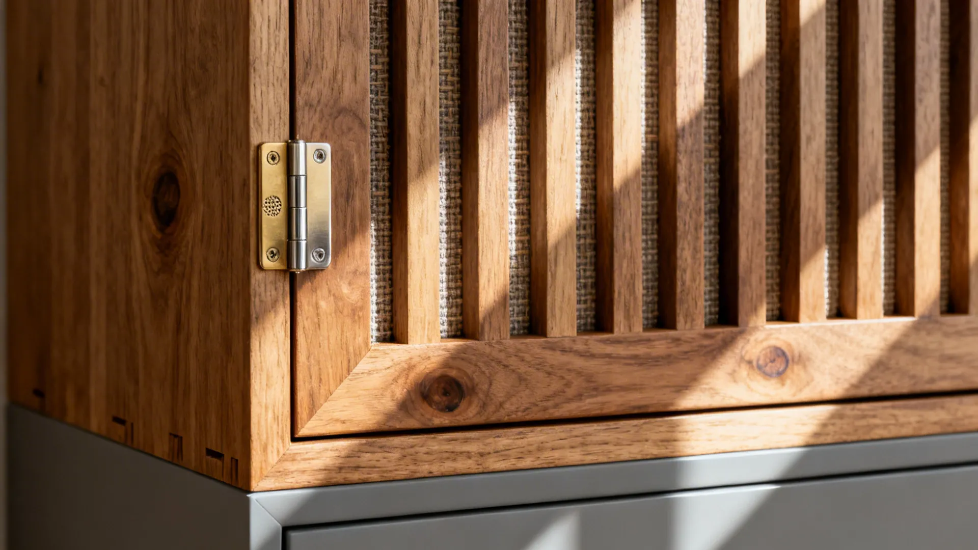 Close-up of a slatted vented door on a media cabinet showing wood grain and acoustic fabric.