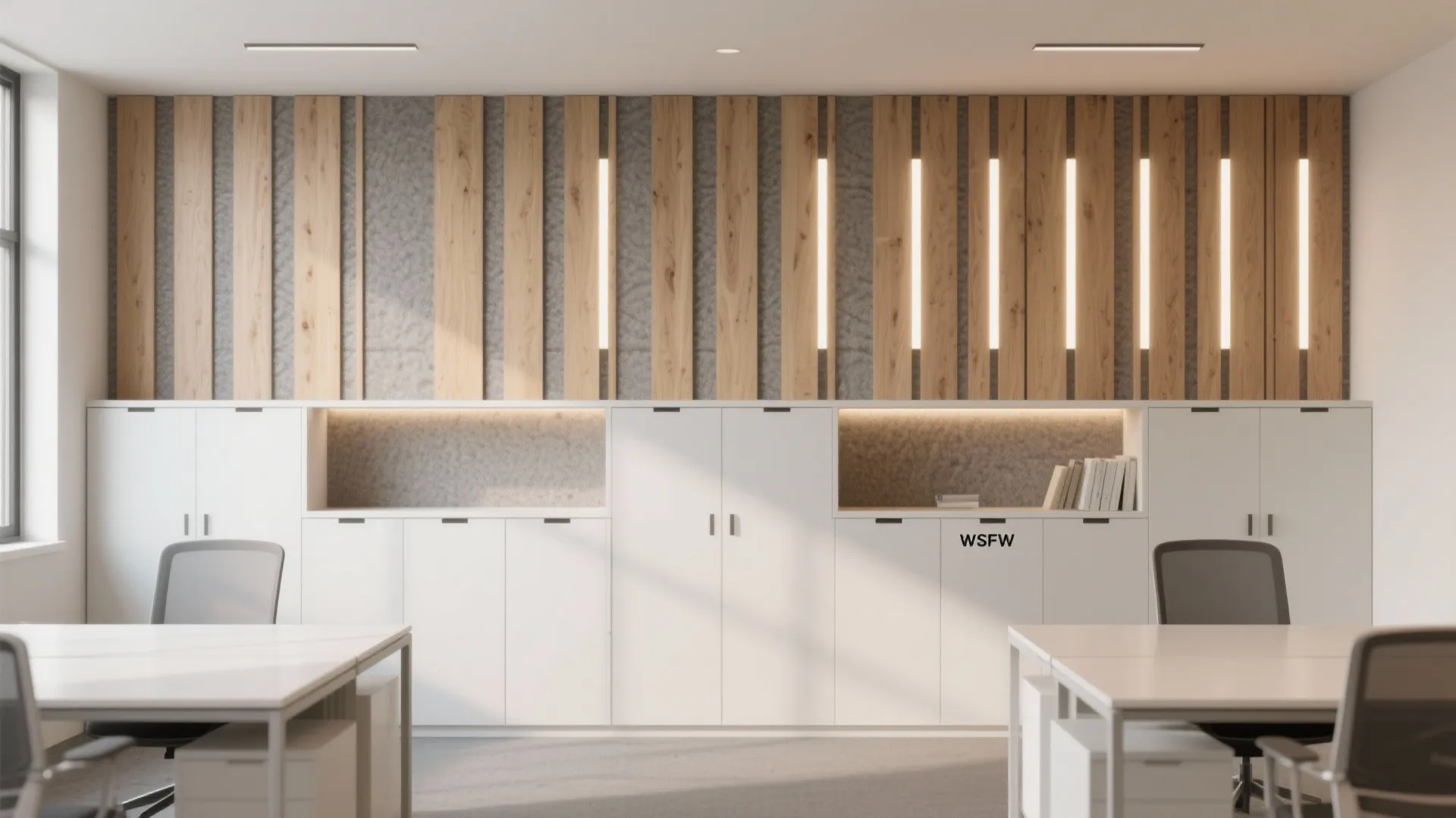 Slatted Acoustic Feature Wall with Hidden Storage