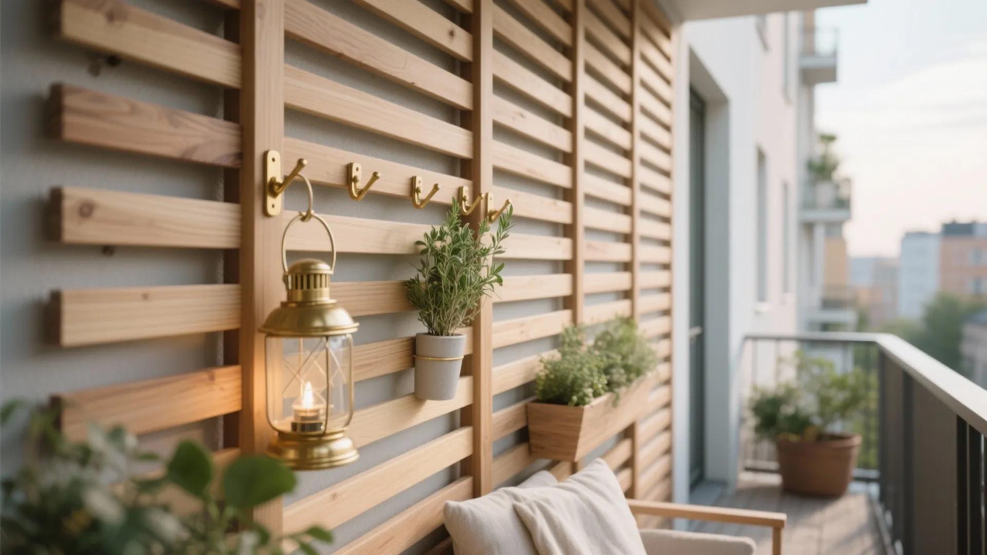 Modern balcony slatted wood wall panel with hanging potted plants and a golden light fixture