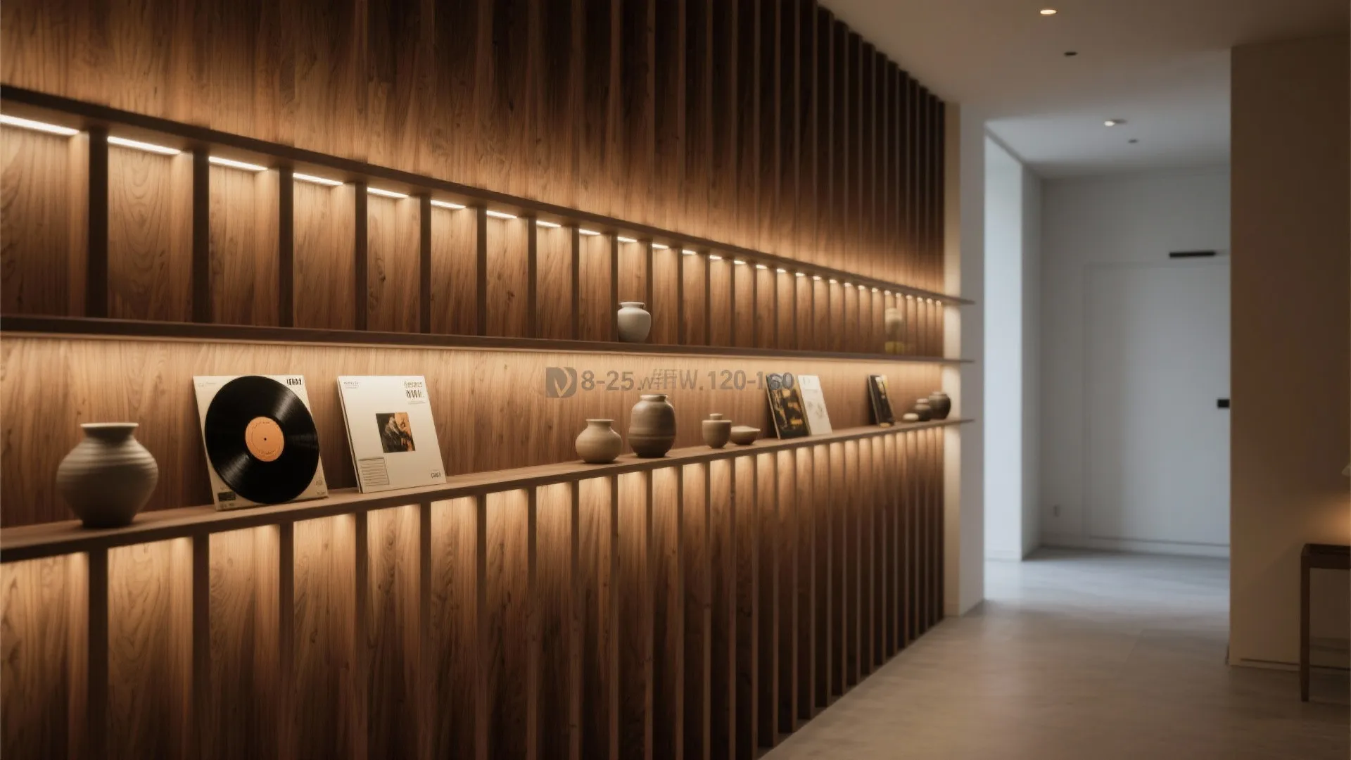 4) Light-and-Shadow Showcase Wall (Slatted + Backlight)