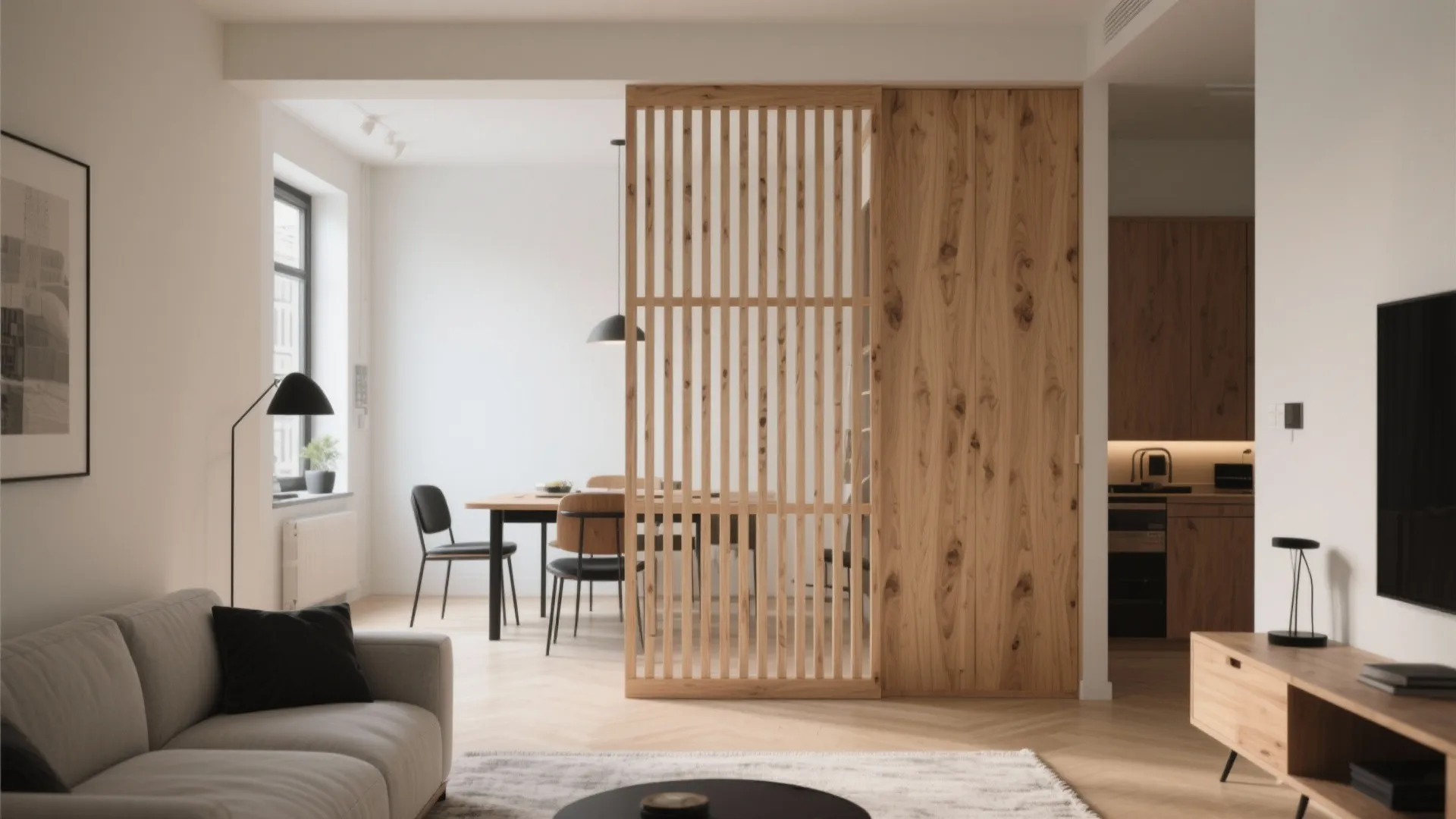 Modern living room featuring a wood slatted wall panel divider between dining area and sofa