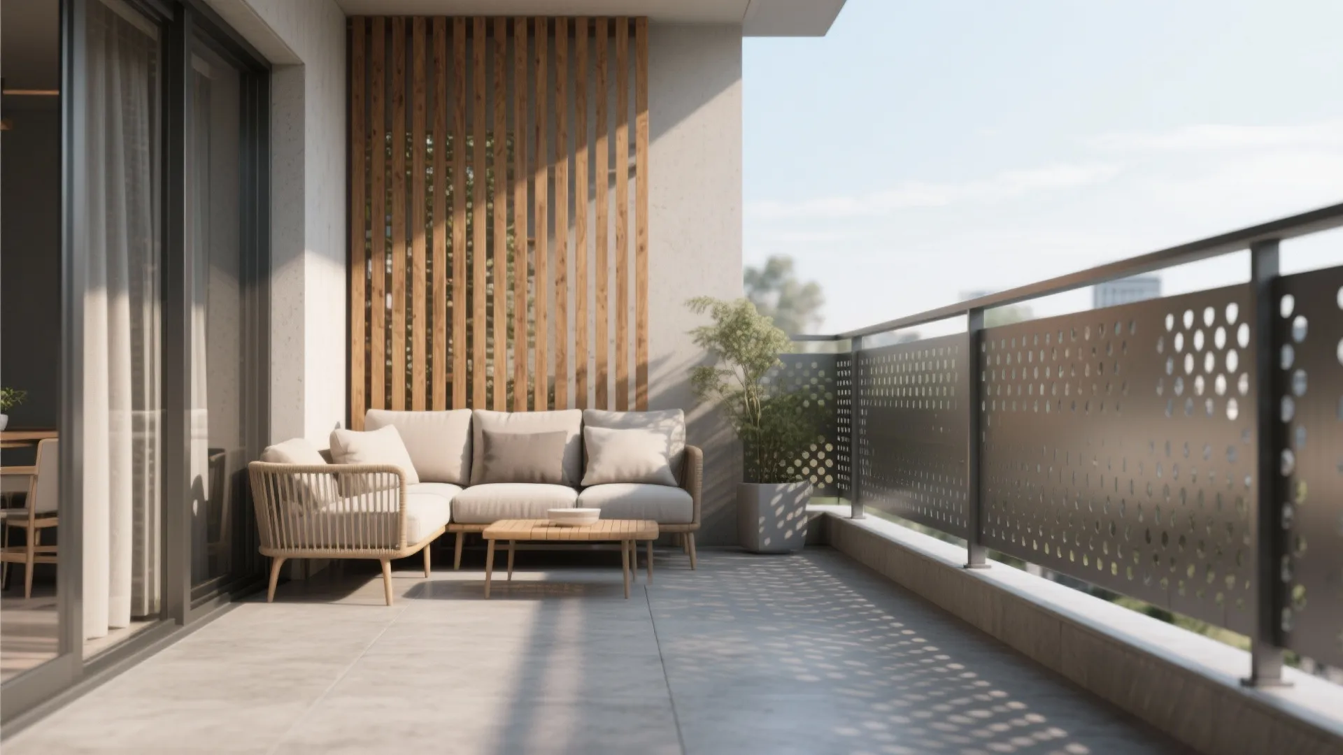 Modern balcony with beige corner sofa wooden table slatted wall panel and perforated metal railing