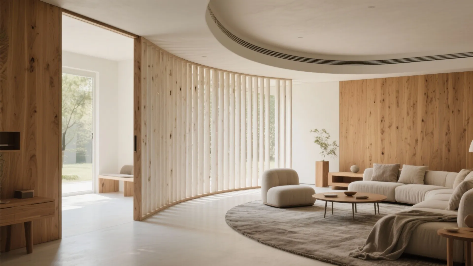 Curved Slatted Wood Divider with Warm Texture