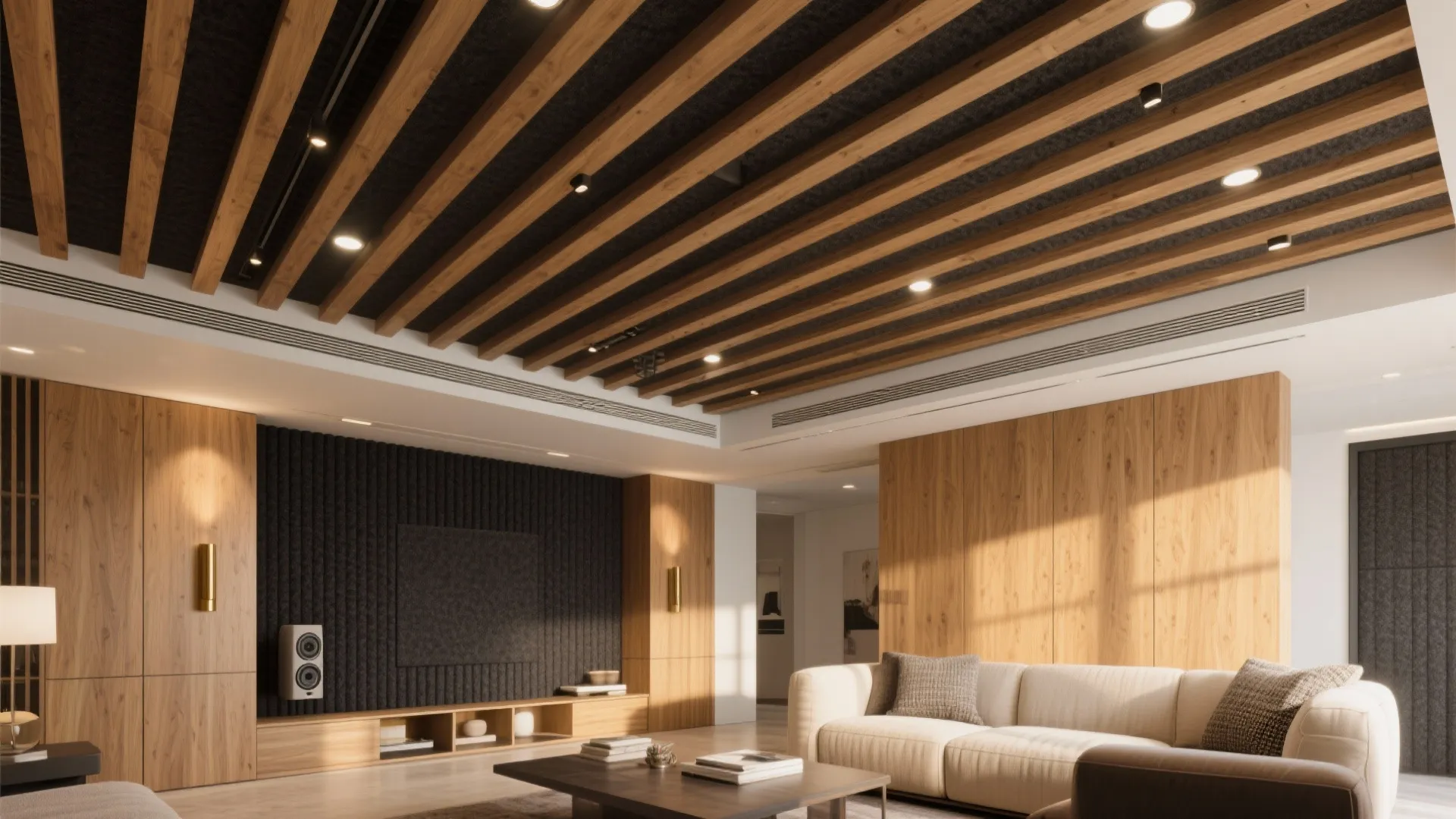 Acoustic Slatted Wood Ceiling With Tech Integration