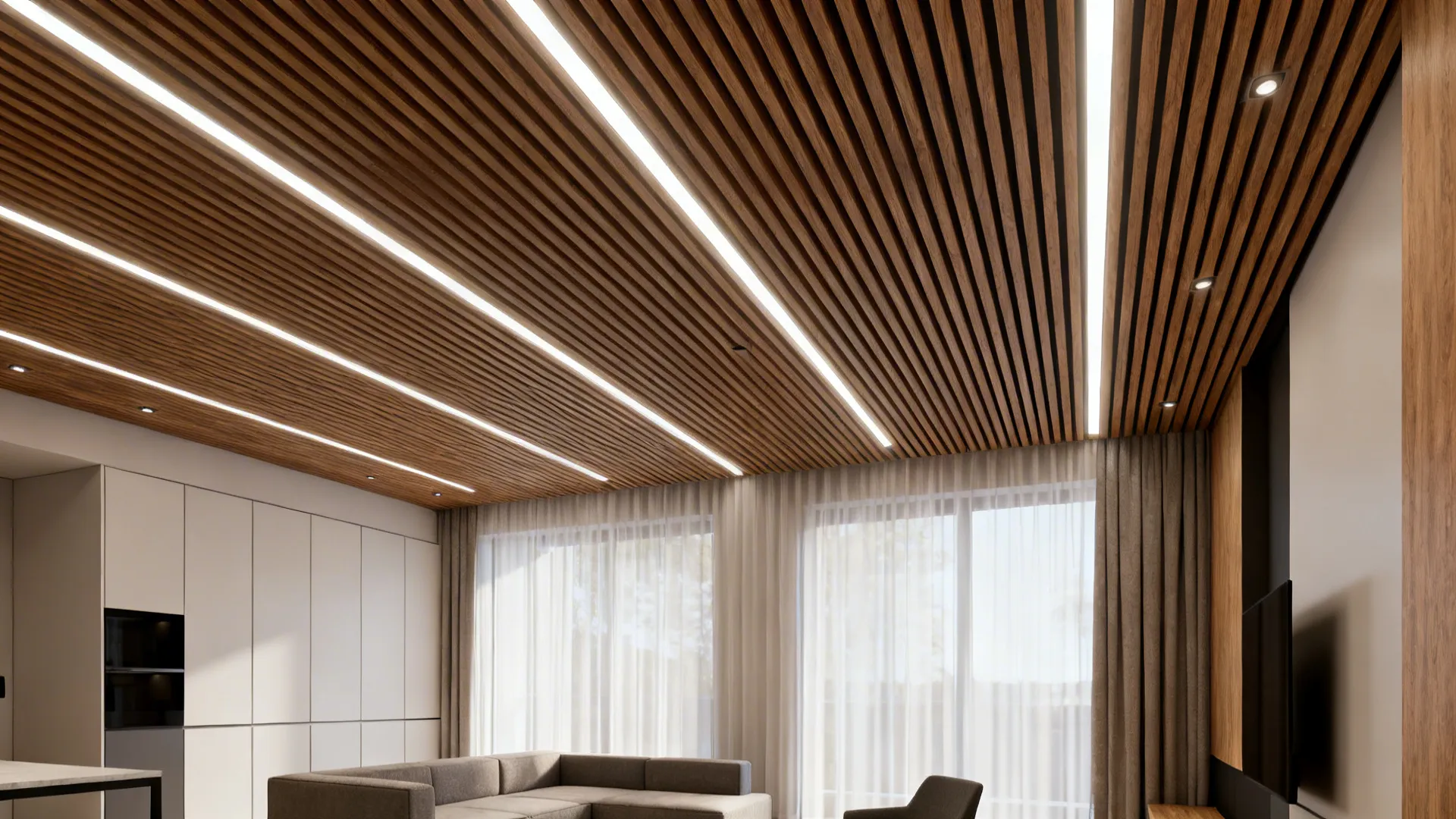 Modern living room with linear ash slatted ceiling and integrated LED strips