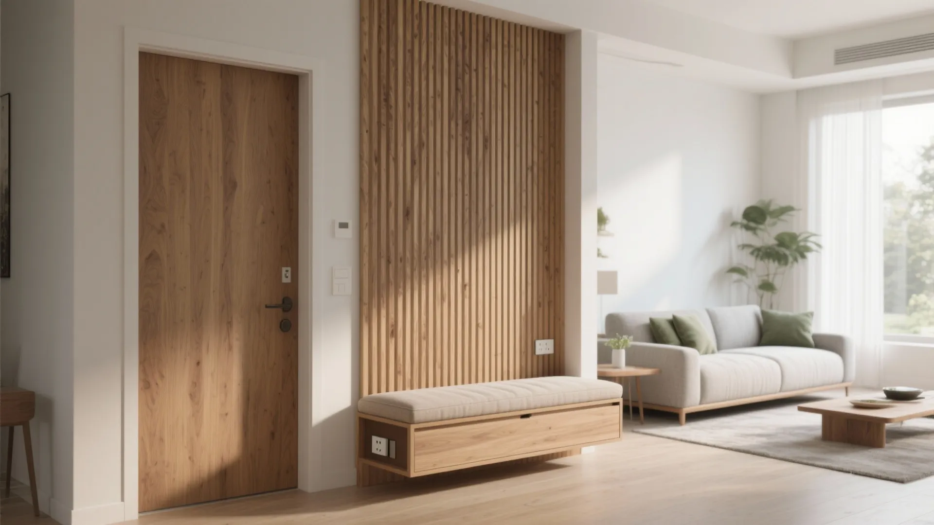 Modern entryway with wooden door slatted wall panel floating bench grey sofa and bright light