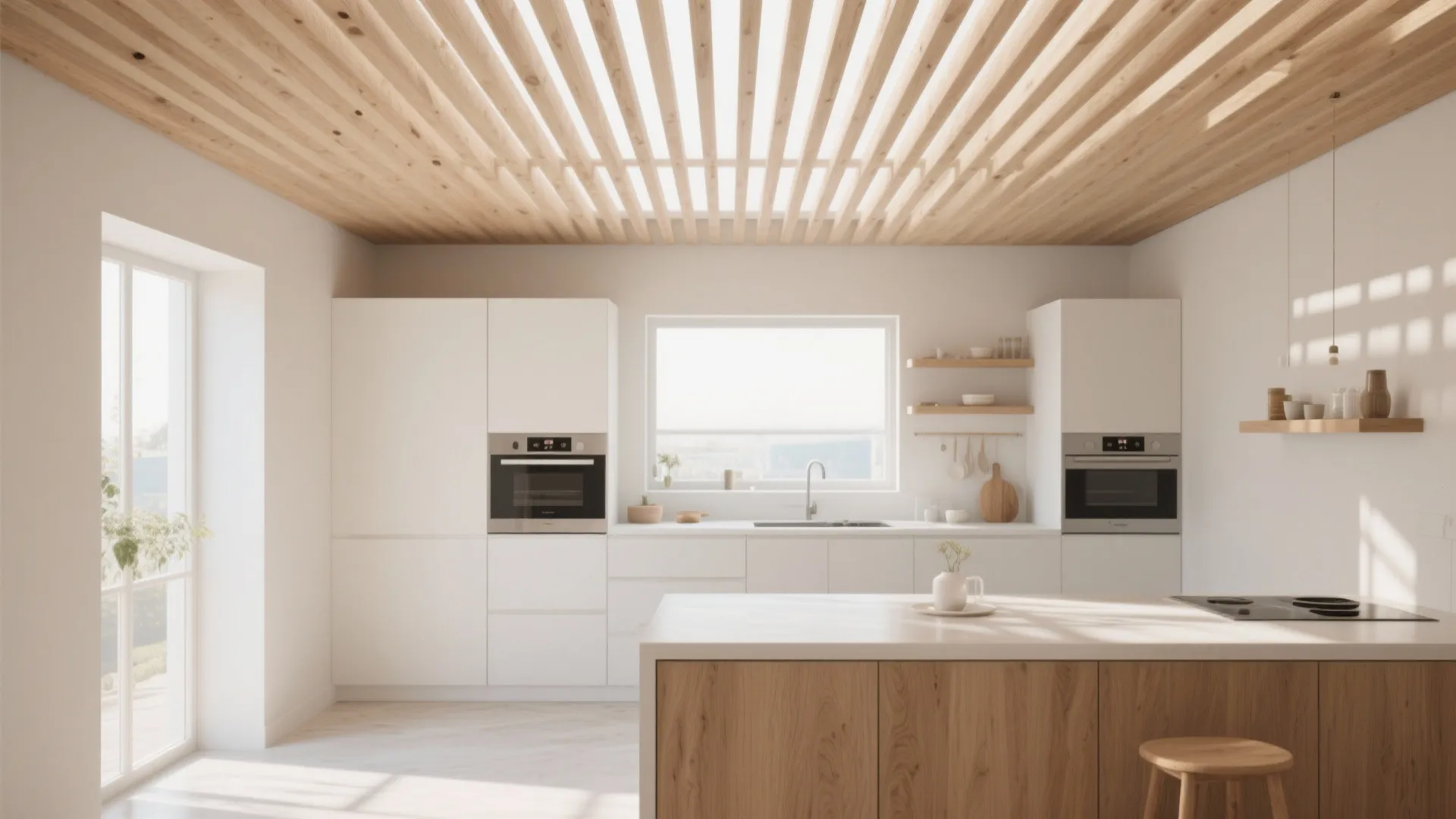 Minimalist Scandinavian kitchen with slatted oak ceiling