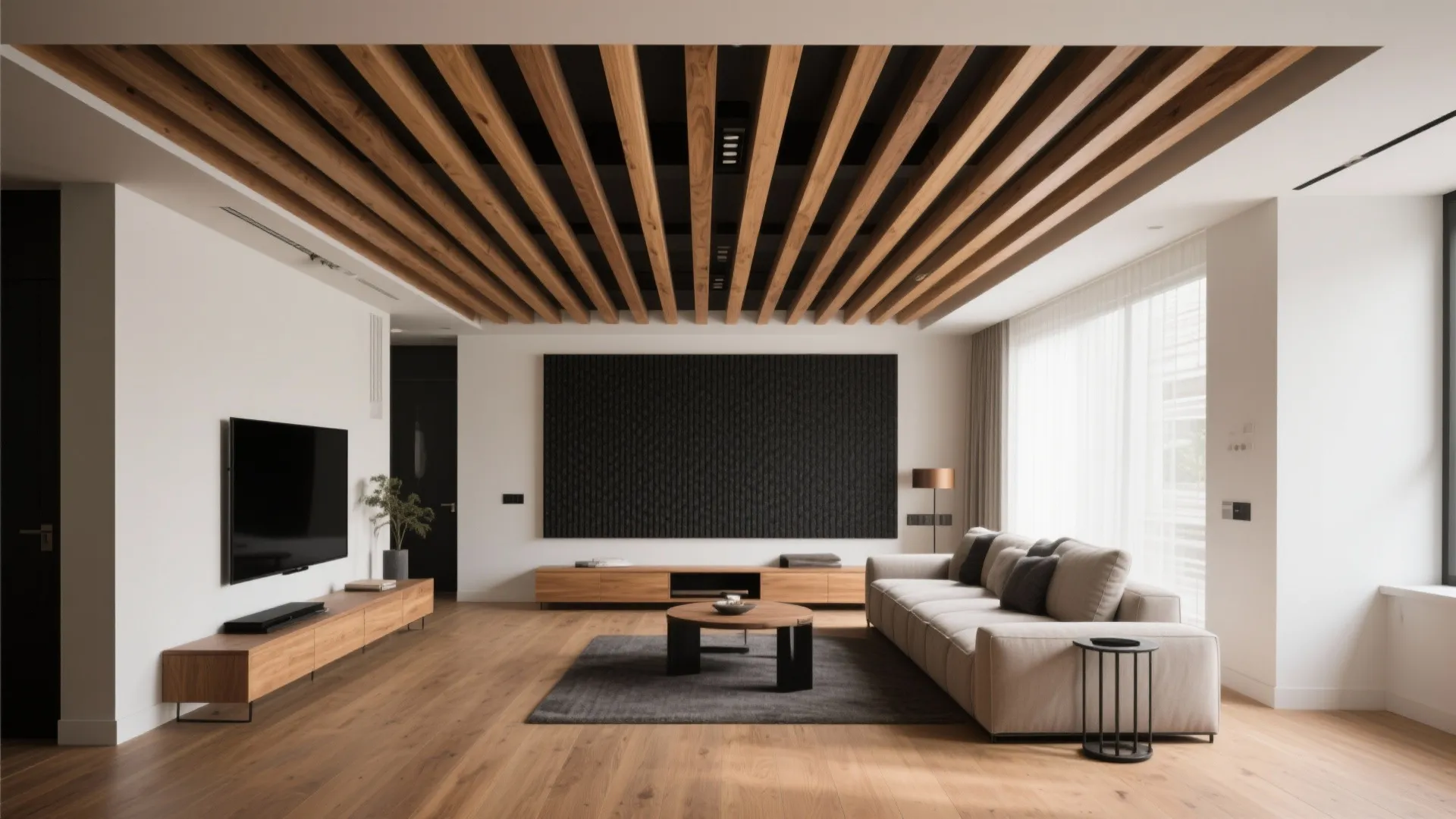Slatted wood ceiling for warmth and acoustics