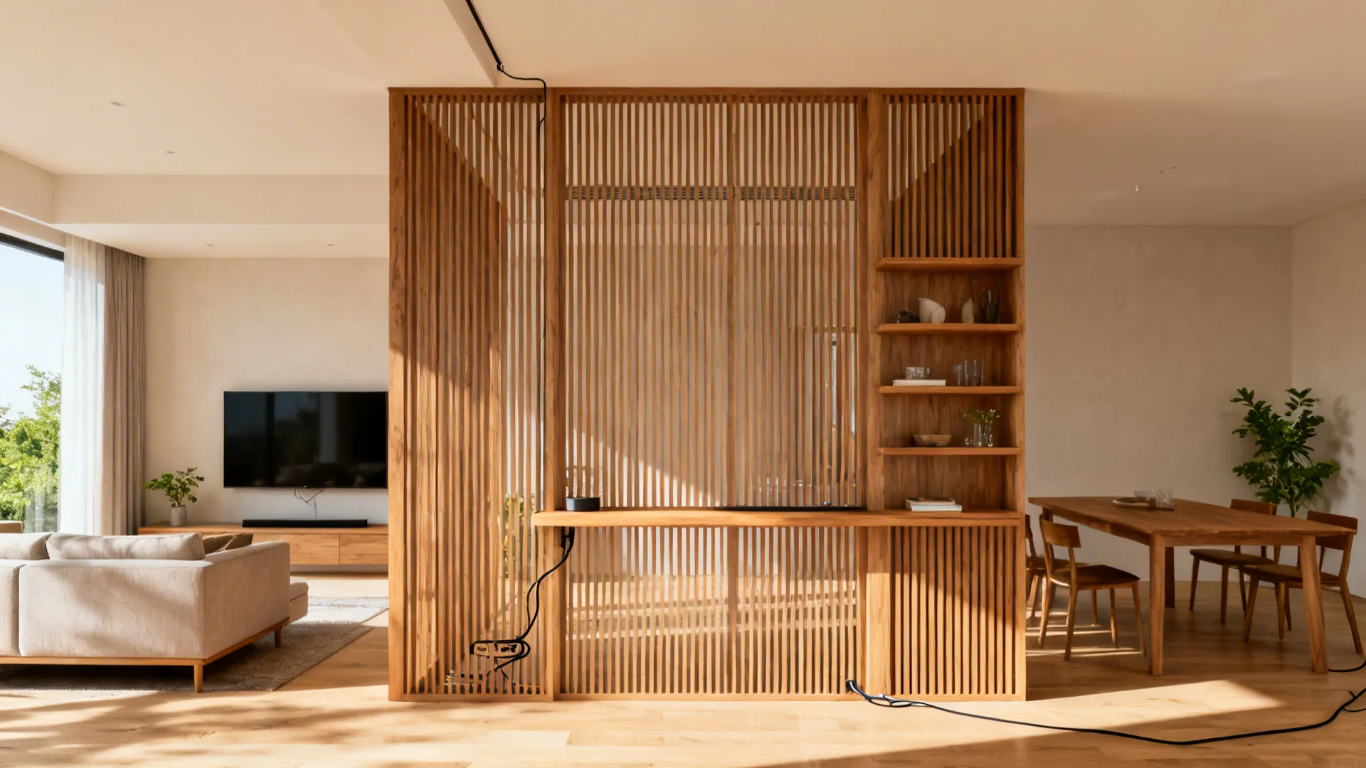 Oak slatted divider with integrated console separates living and dining while keeping light and airflow.