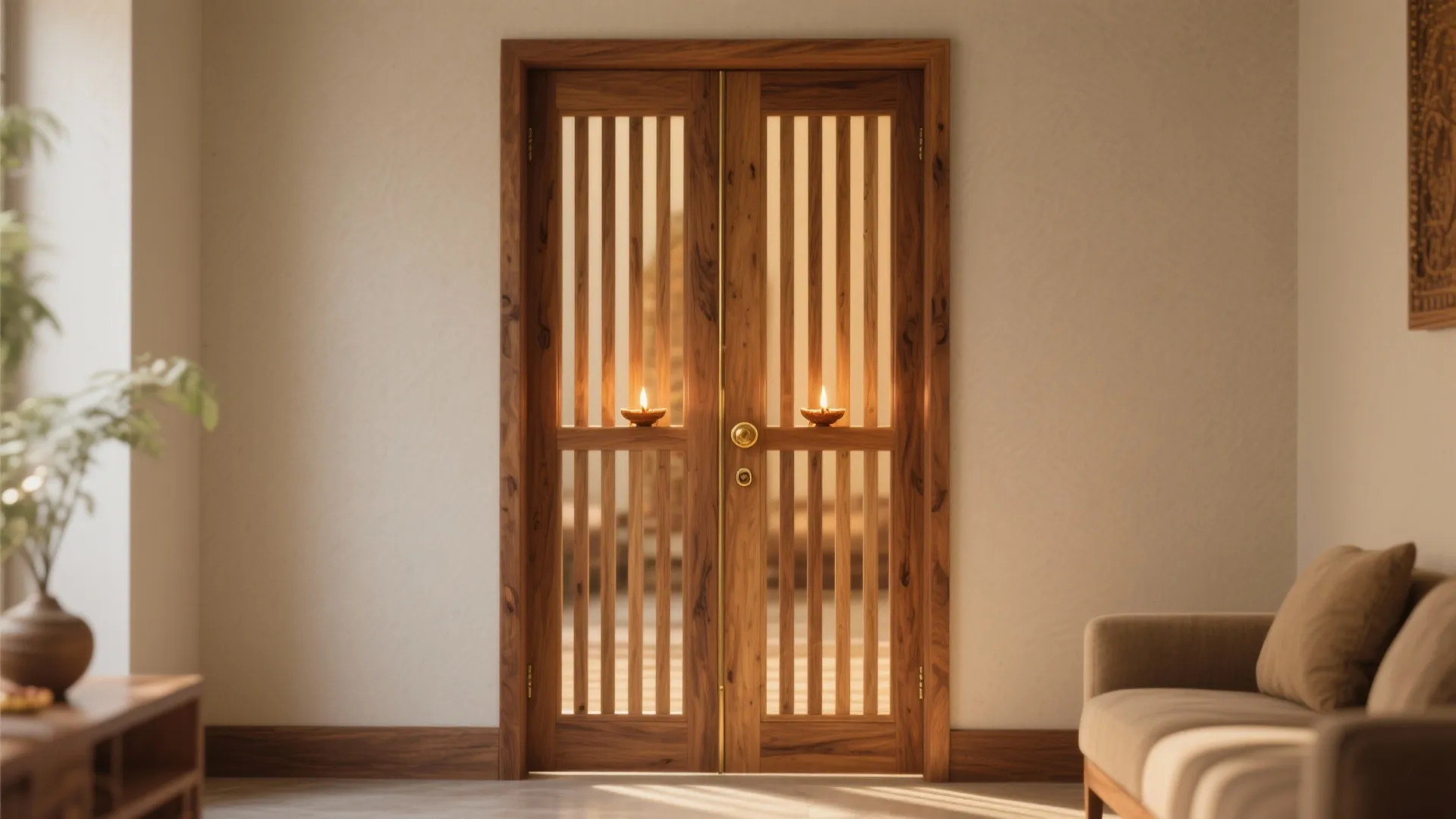 Double wooden doors with vertical slats and small lit oil lamps inside a modern living area