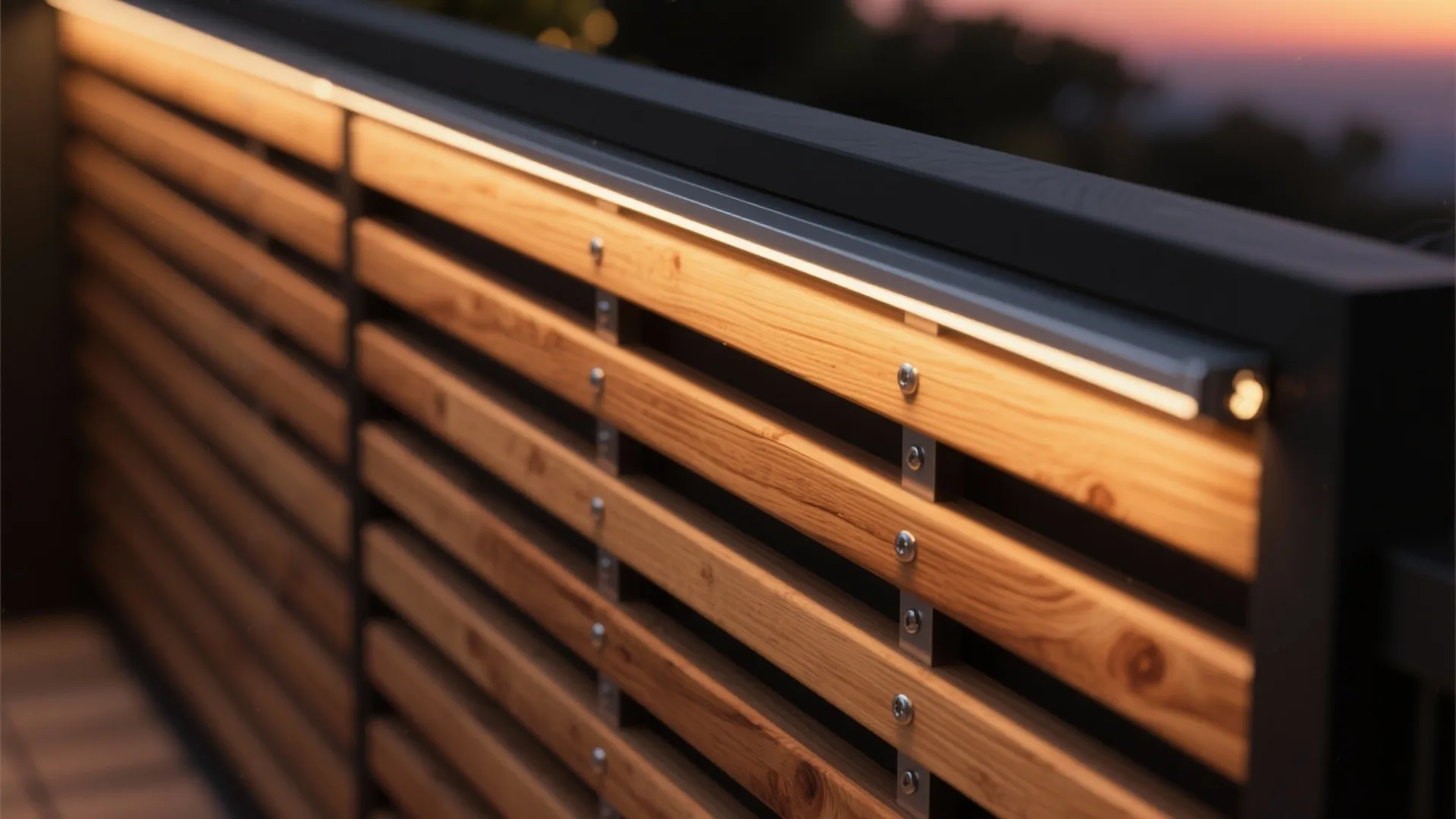 Outdoor wooden slatted wall panel fence with warm yellow light strip and visible metal screws