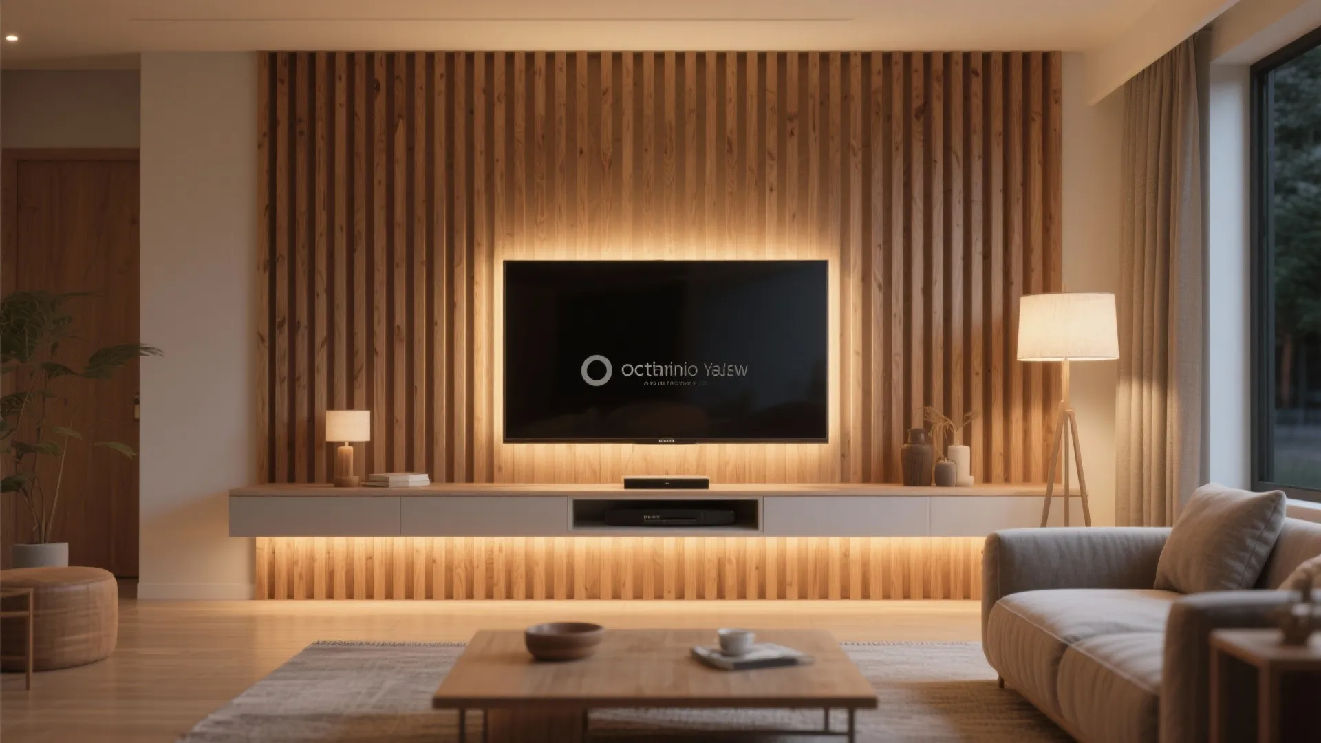 2) Slatted wood backdrop with integrated LED wash