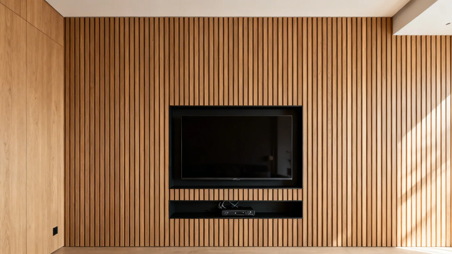 TV wall with slim vertical oak slats and a matte black recessed media niche in a modern living room.