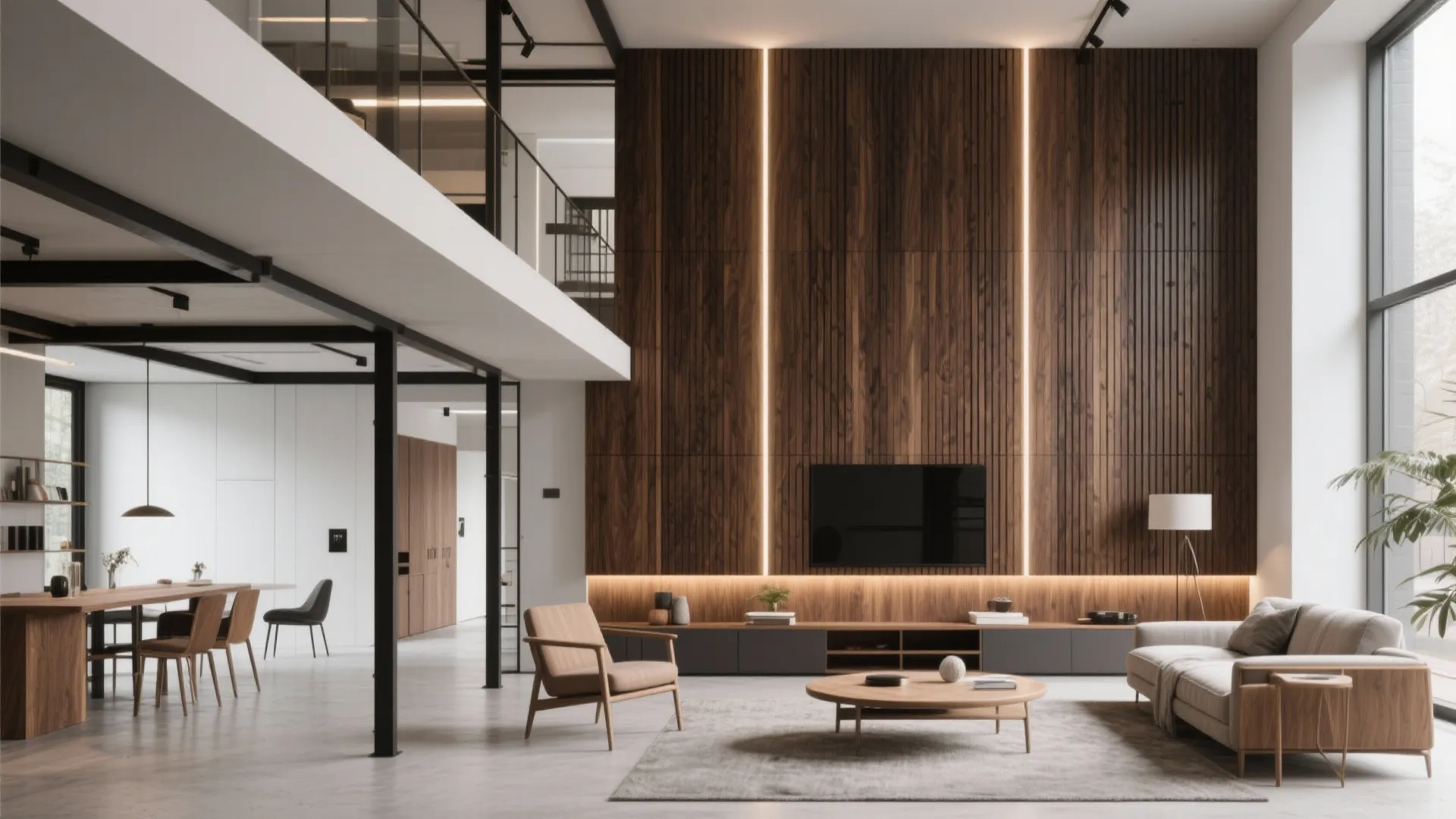 Modern loft with vertical walnut slatted wall and ceiling panels