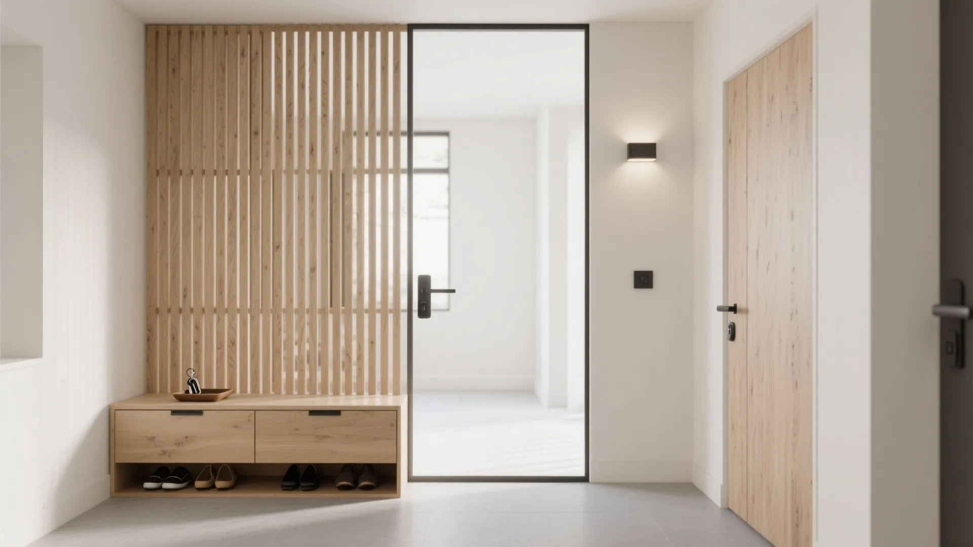 Minimalist Slatted Wood Partition with Hidden Storage