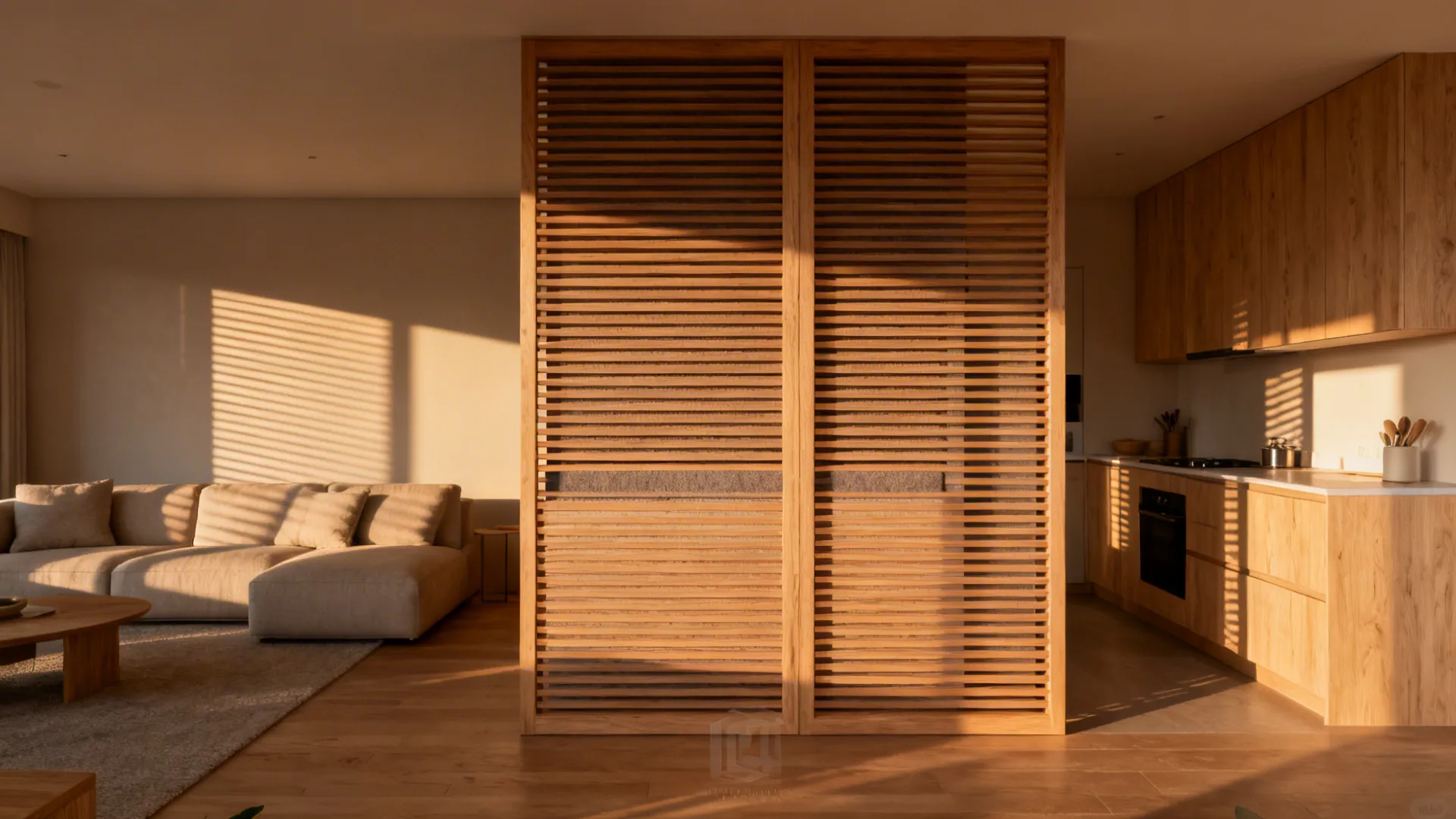 Wooden slatted screen separating a living room with sofa from a kitchen with wooden cabinets