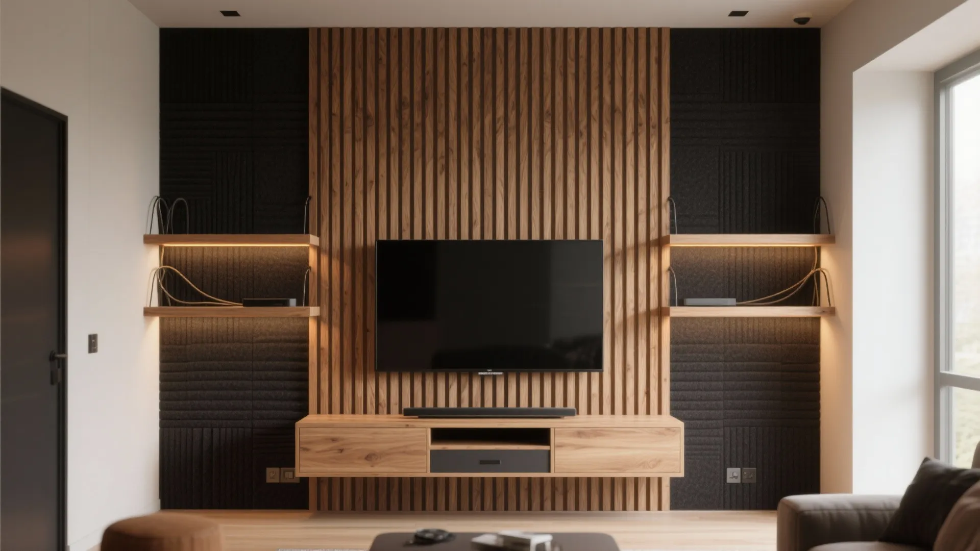 Slatted Wood Backdrop with Integrated Shelves