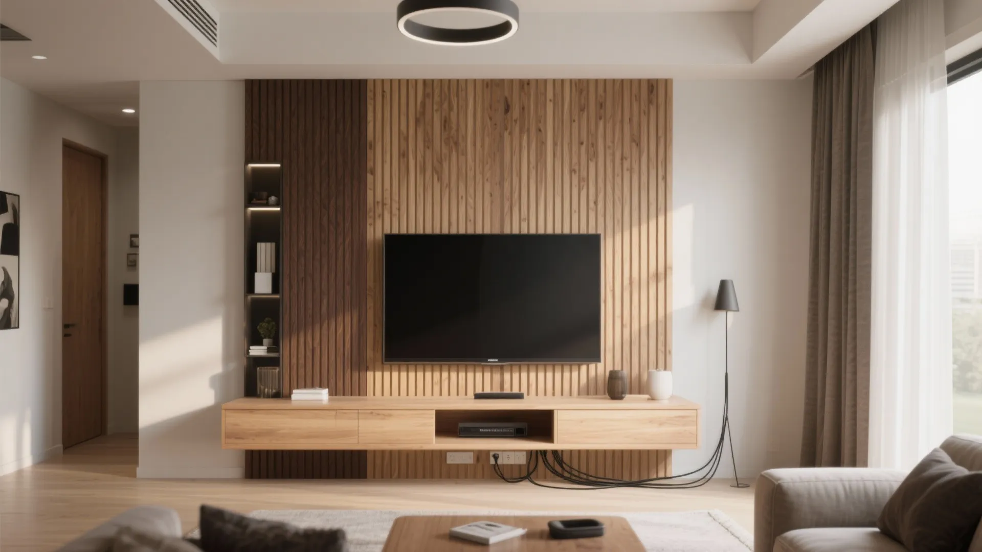 Minimalist living room with a slatted wood wall panel and a floating wooden storage cabinet