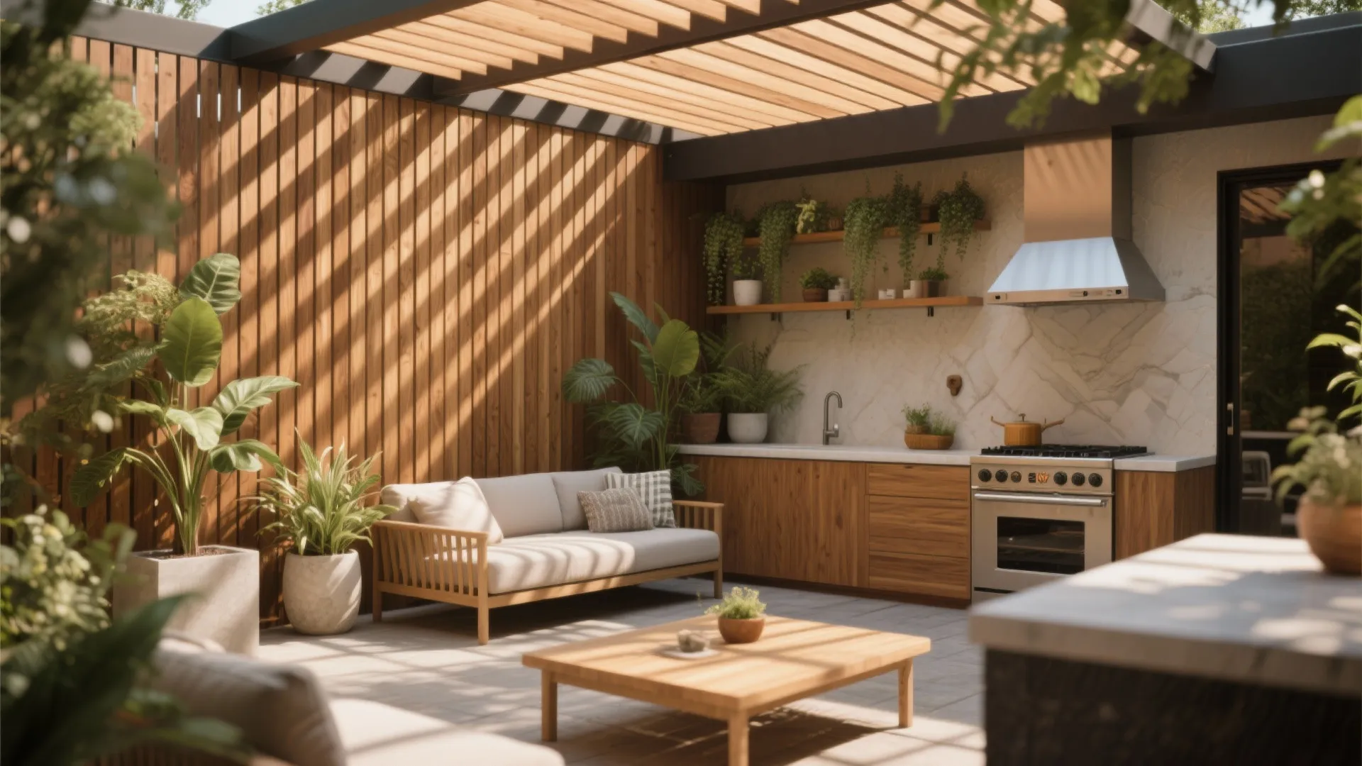 Patio with slatted wood wall panel beige sofa wooden coffee table and outdoor kitchen setup