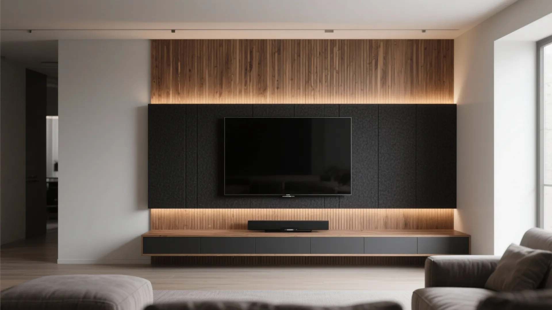 Slatted Wood Media Wall with Hidden Acoustic Layer