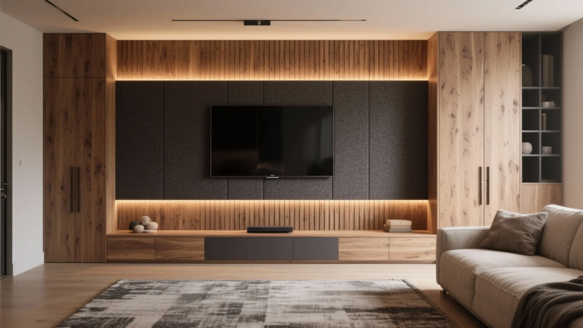 Acoustic Slatted Wood Panels with Warm Lighting