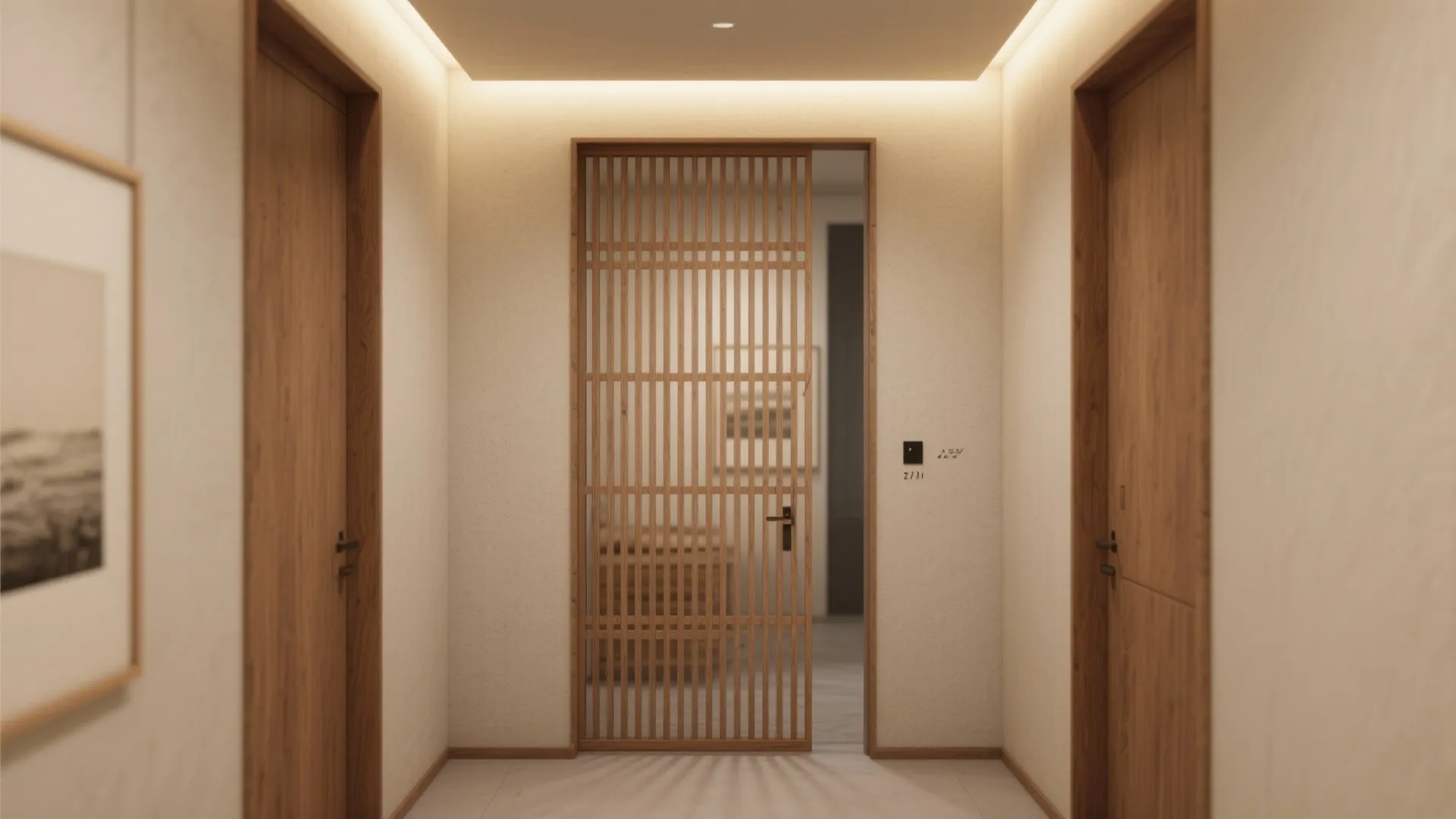 Slatted Wood Divider with Light and Texture