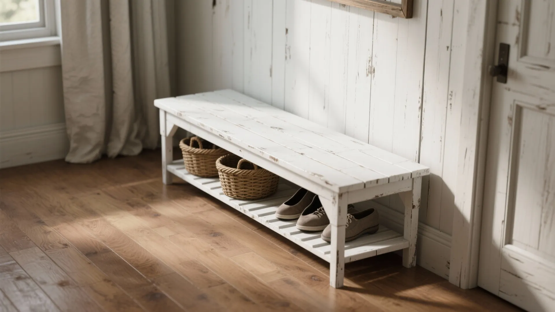 3. Narrow Wooden Bench with Slatted Shelf