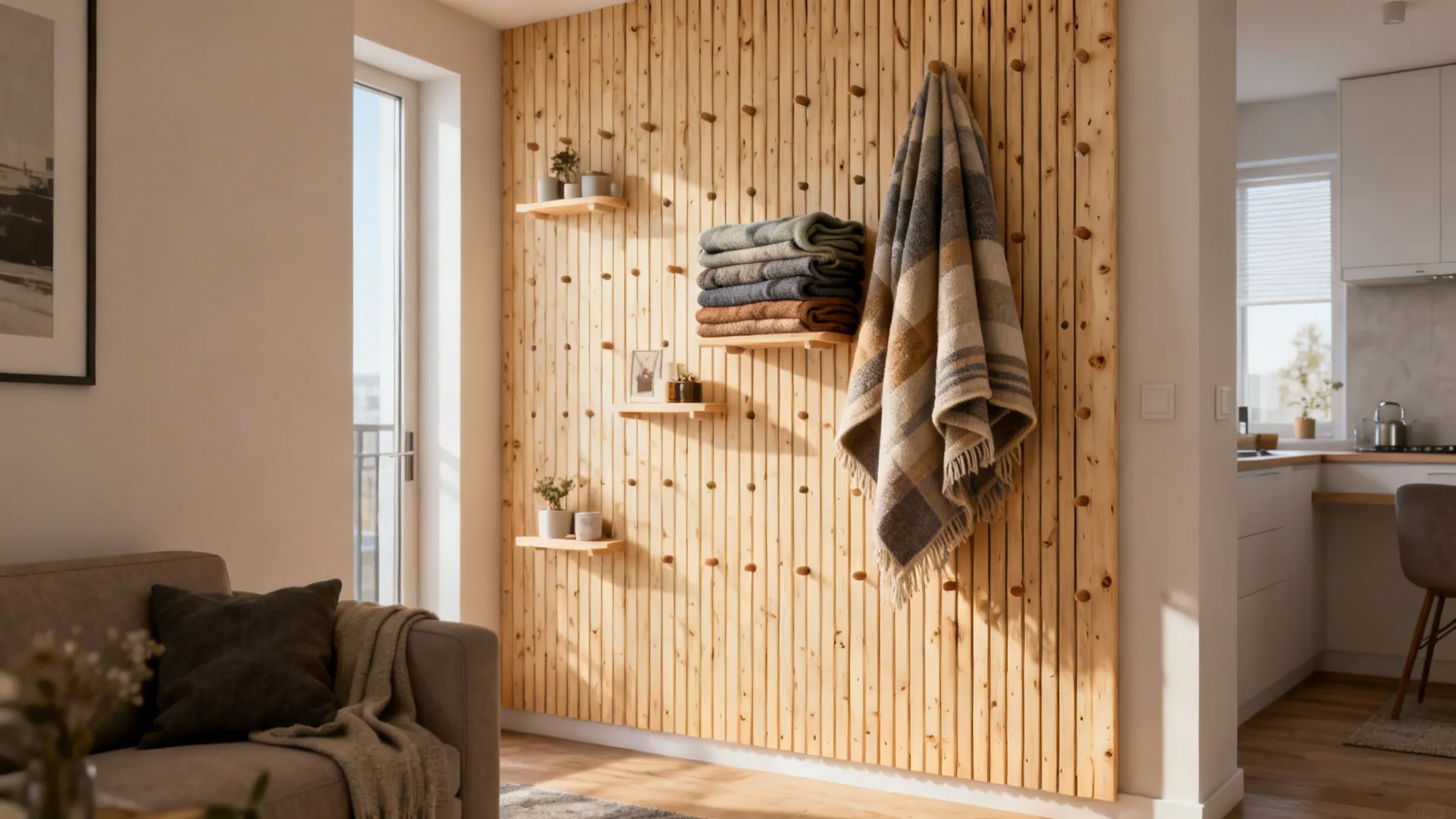 Birch slatwall with adjustable pegs used to display and store blankets in a small living room.