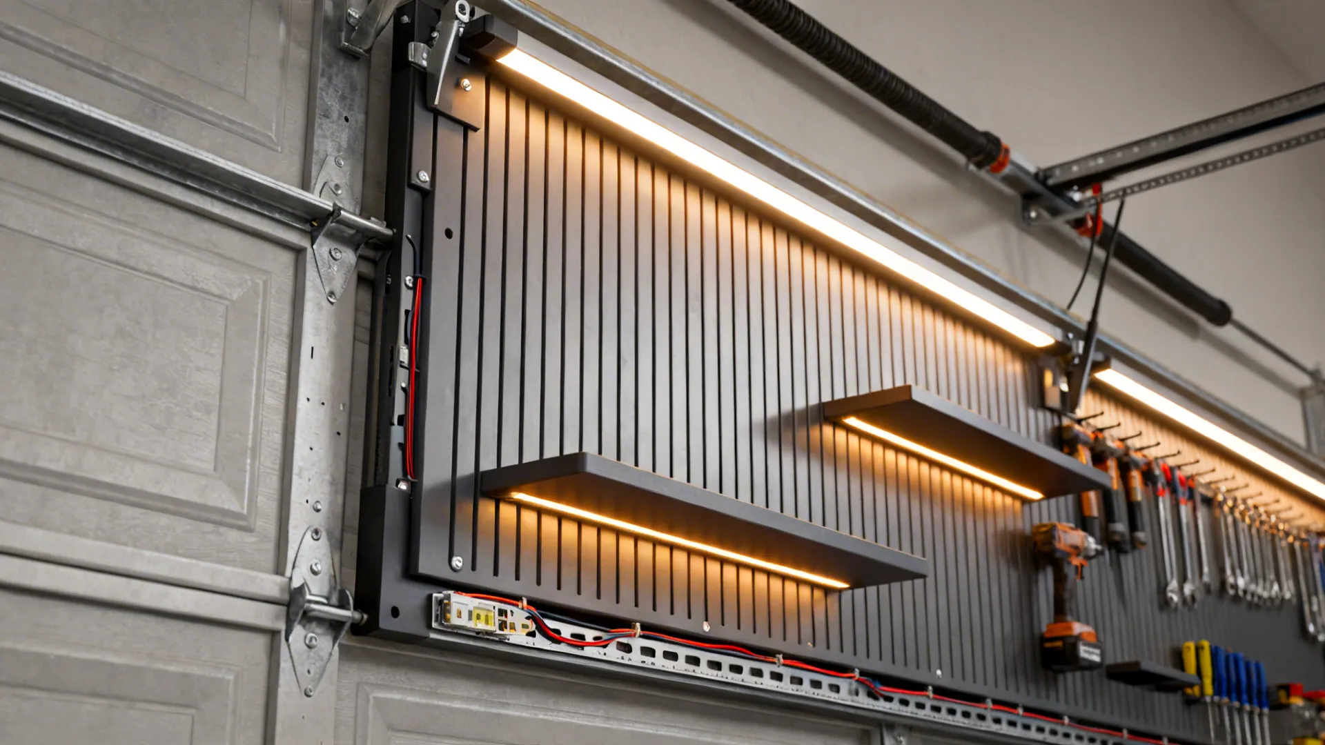 Black wall panel with bright lights for tool storage including shelves wrenches and power drills