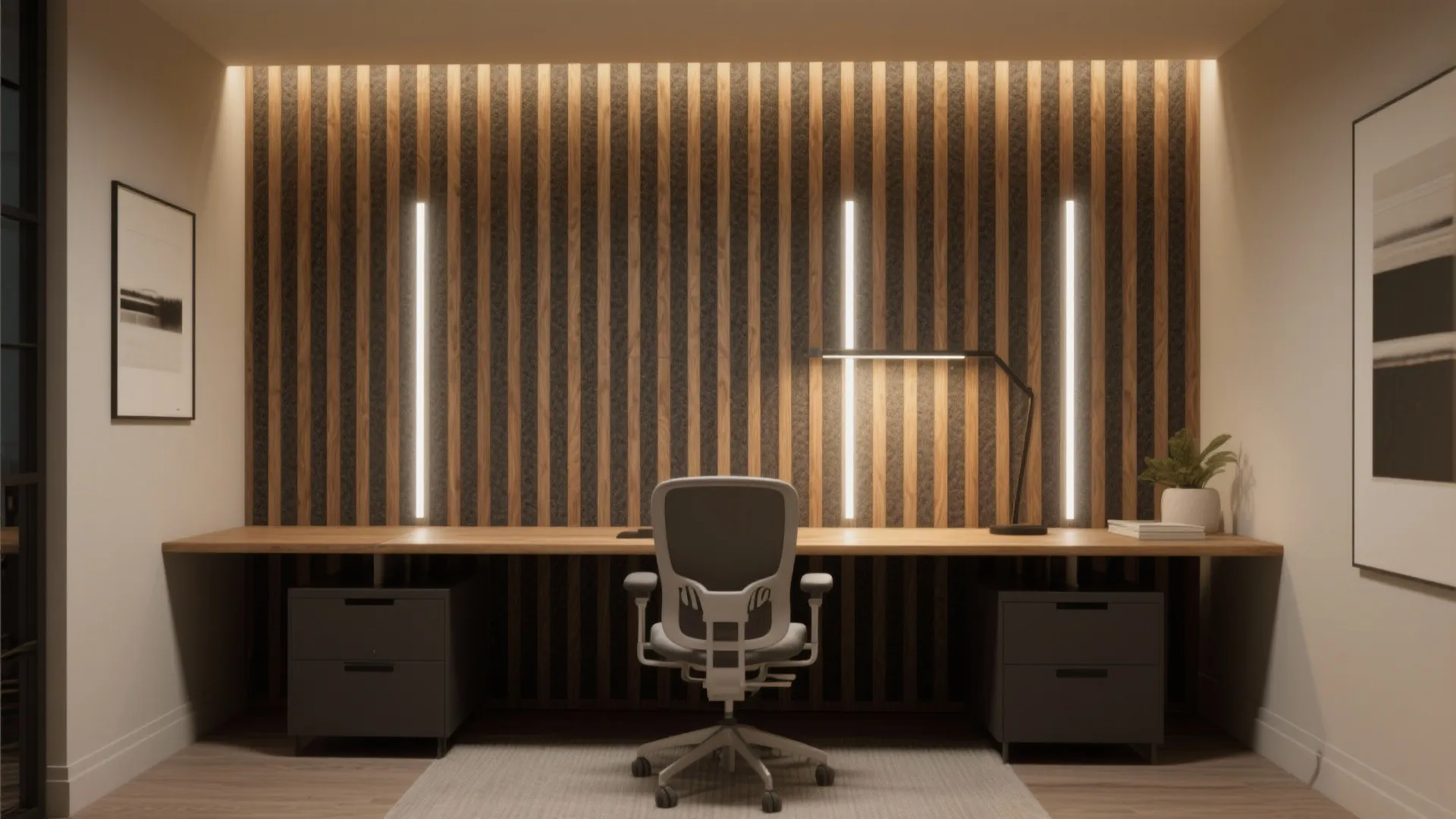 Slat-Wood Acoustic Feature Wall with Integrated Lighting