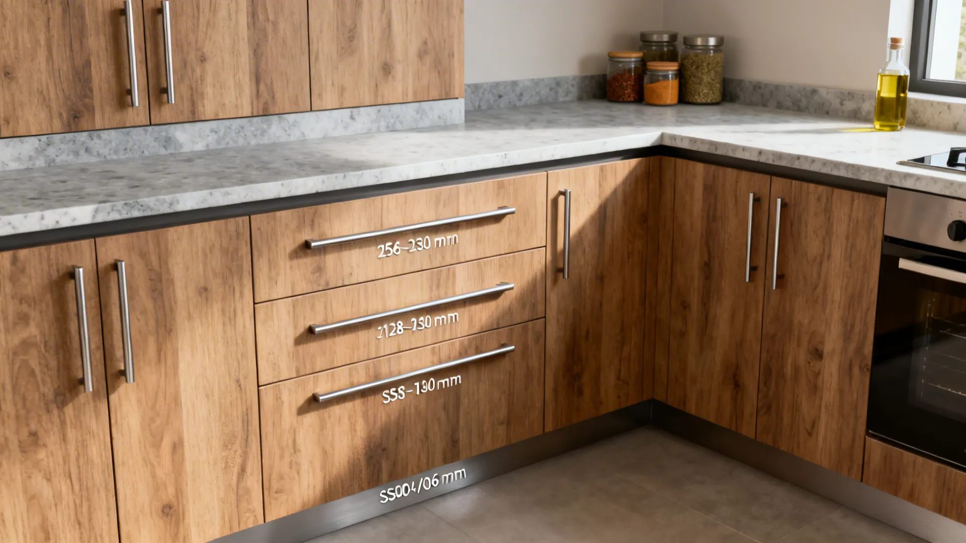 Modern lower kitchen drawers with long stainless steel bar pulls in a compact L-shaped layout.
