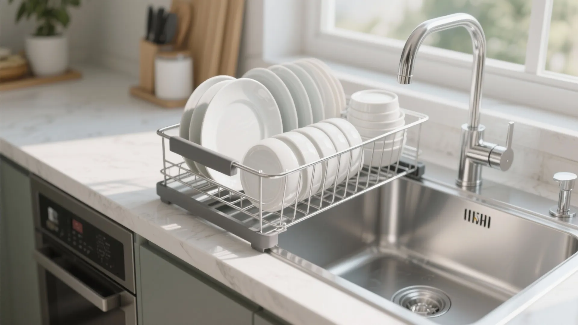Modern metal dish drying rack with white plates and bowls on a marble kitchen counter