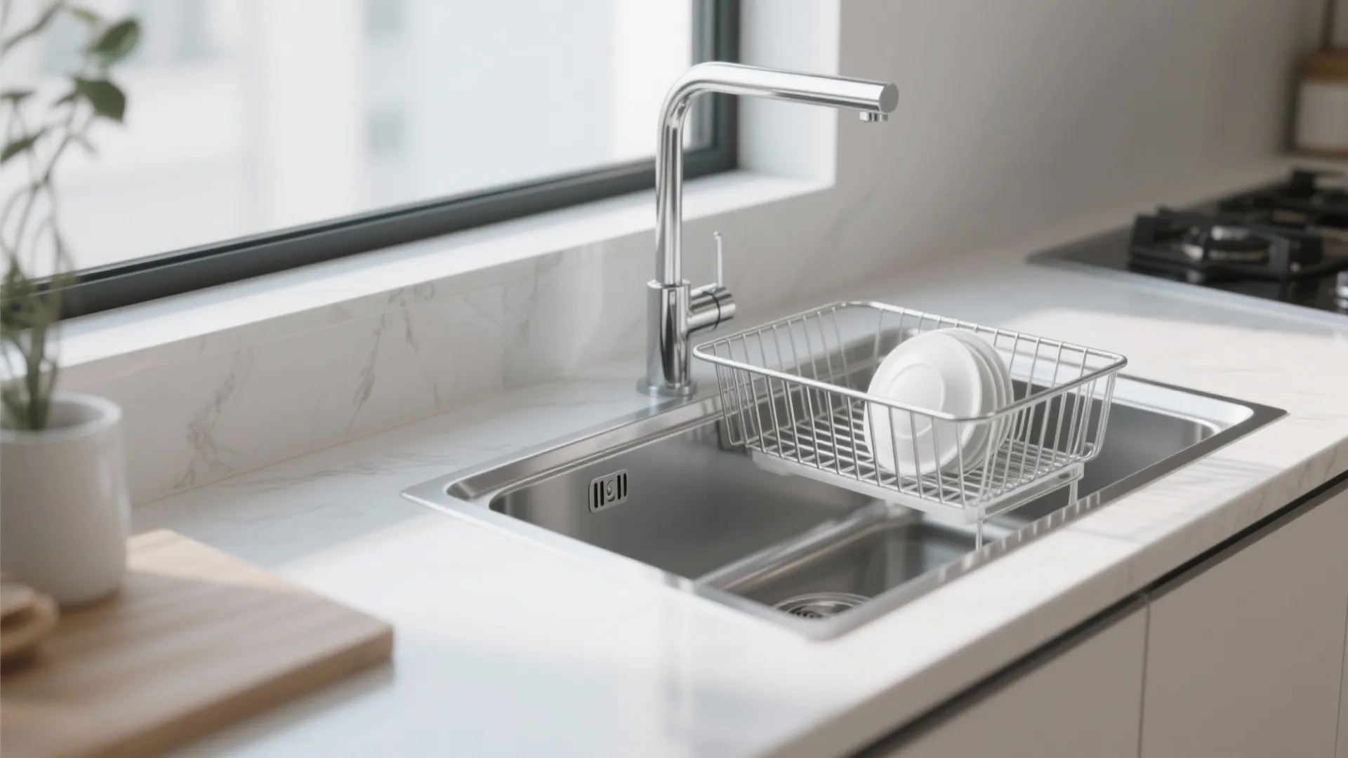 Sleek stainless steel dish rack by modern kitchen sink