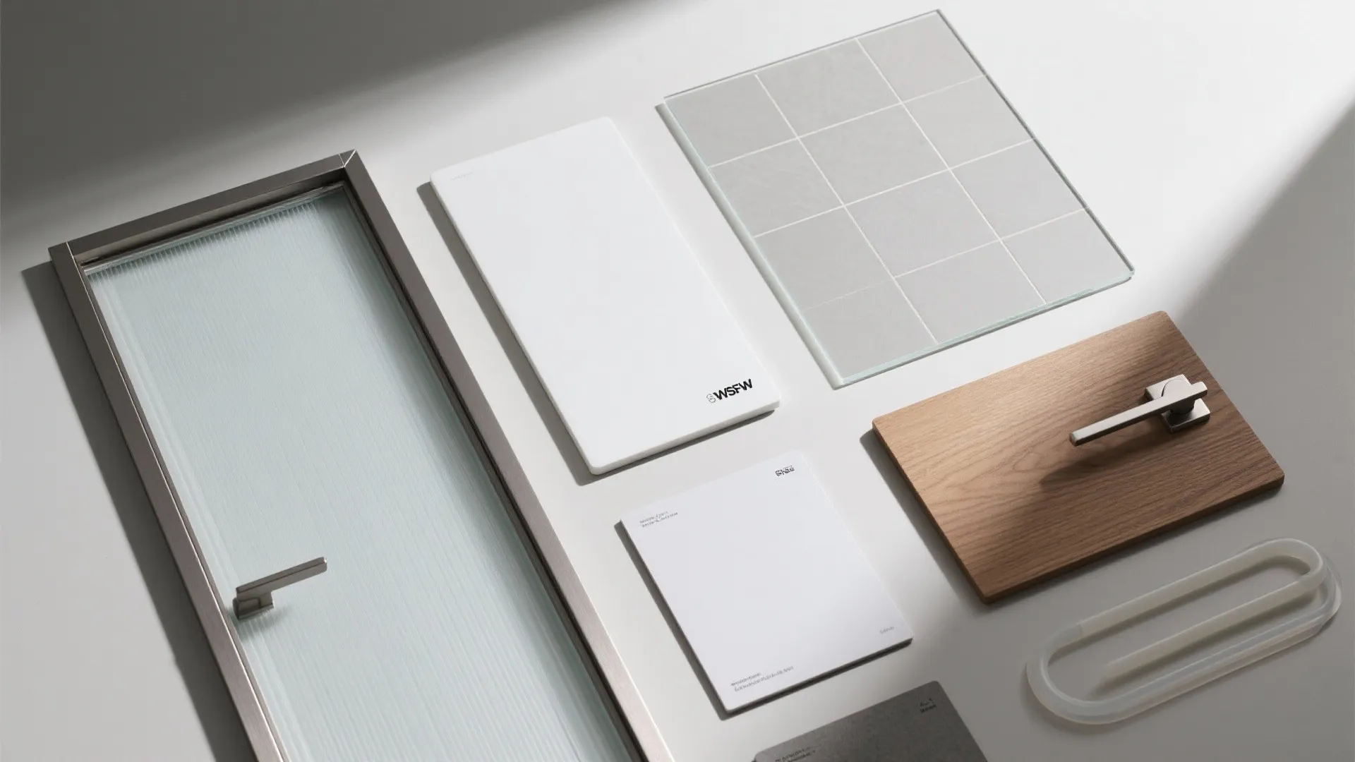 Display of interior design materials including a glass door sample wood board and white panels