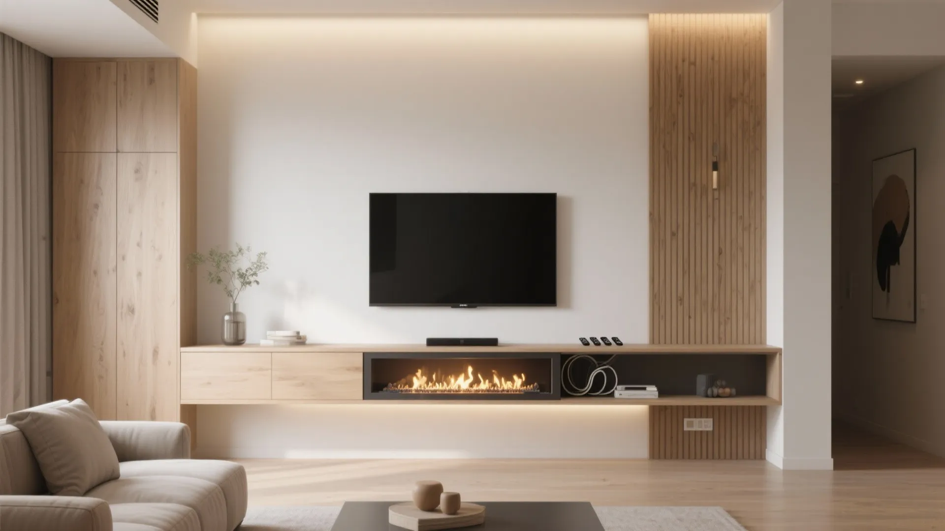 1. Sleek floating media wall with recessed electric fireplace