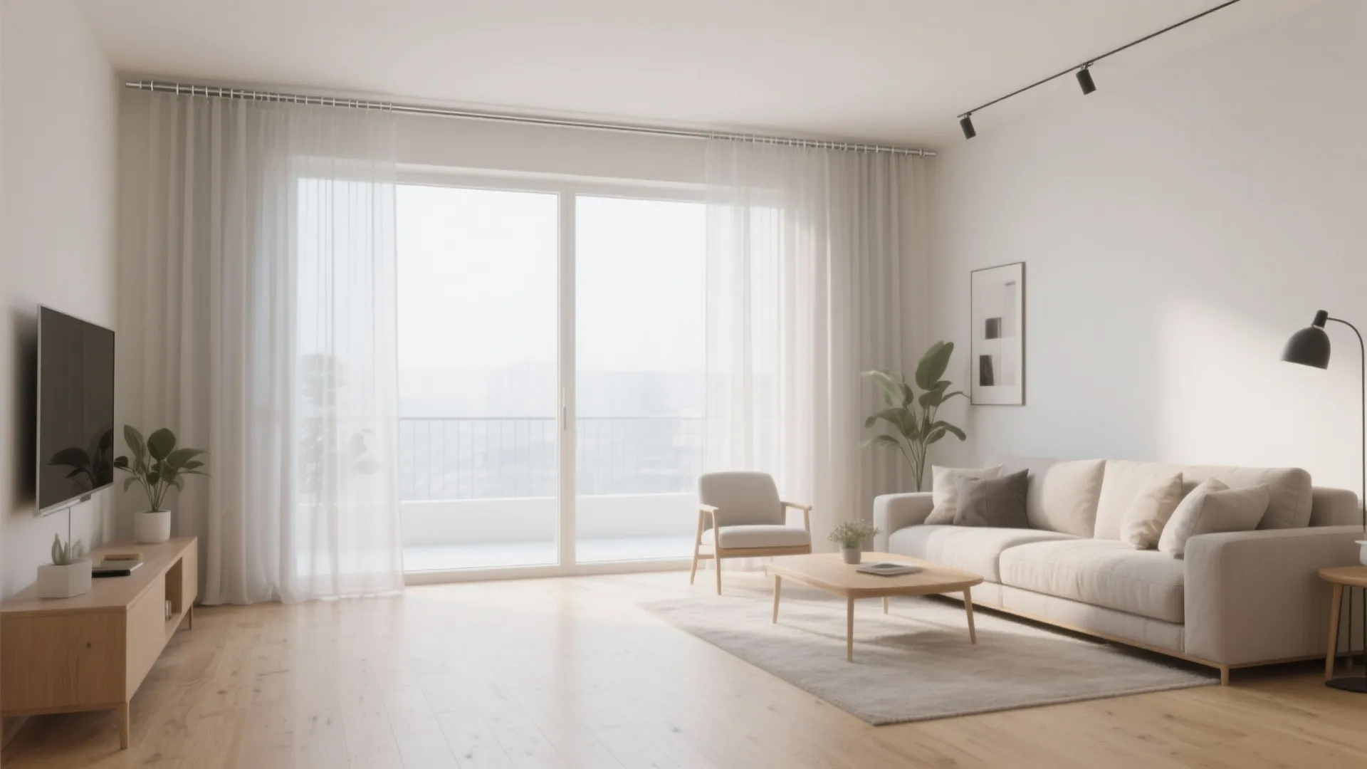 Living room with slim stainless steel curtain rods