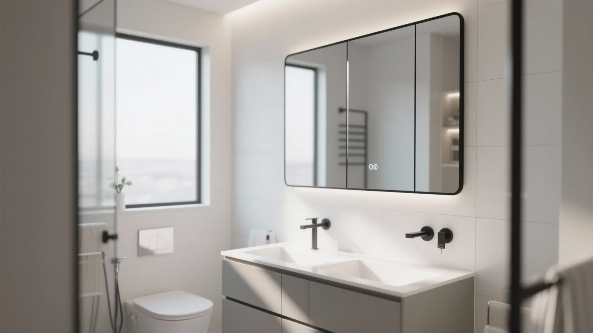 Minimalist bathroom with double sink cabinet, large lighted wall mirror, black faucets, and bright window