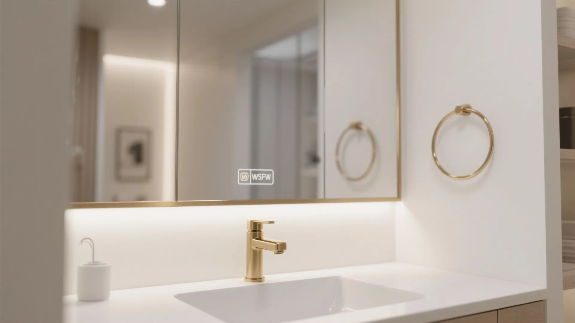 Modern bathroom with gold tap and white sink below a lighted mirror with gold metal frame