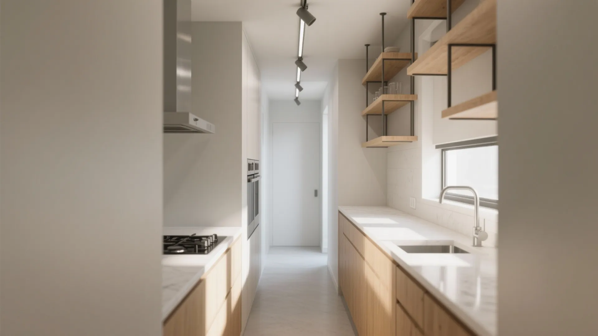 Modern white galley kitchen with wooden cabinets and sleek ceiling light fixtures on a track