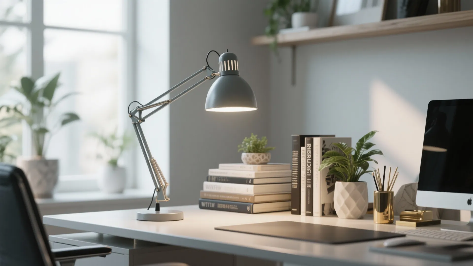 Modern grey desk lamp lighting up a white workspace with books plants and a computer