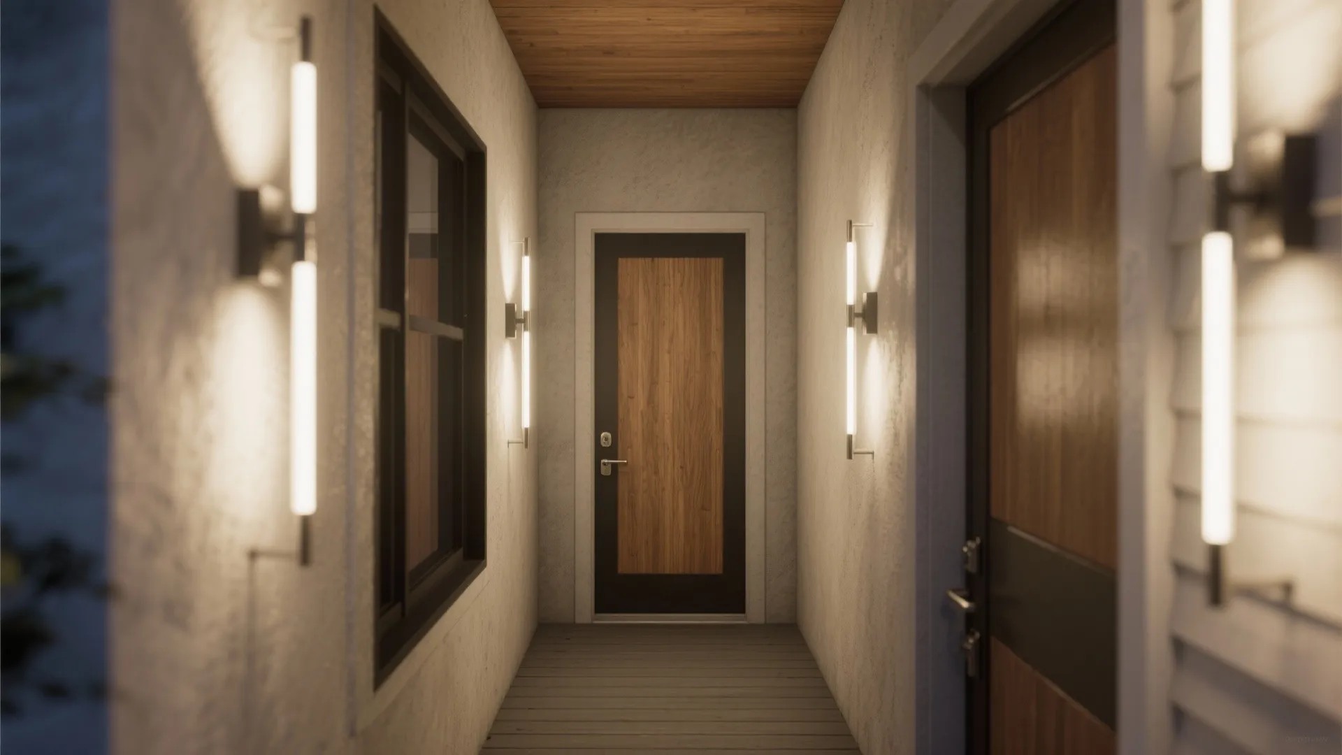 Narrow hallway with wooden door and multiple vertical wall lights creating a warm bright path
